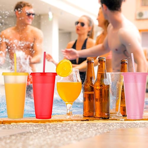 Miniatura 6 de Honeydak Paquete de 100 vasos con popote y tapa, vasos de plástico con purpurina a granel, botella de agua, taza de viaje para café helado, tazas