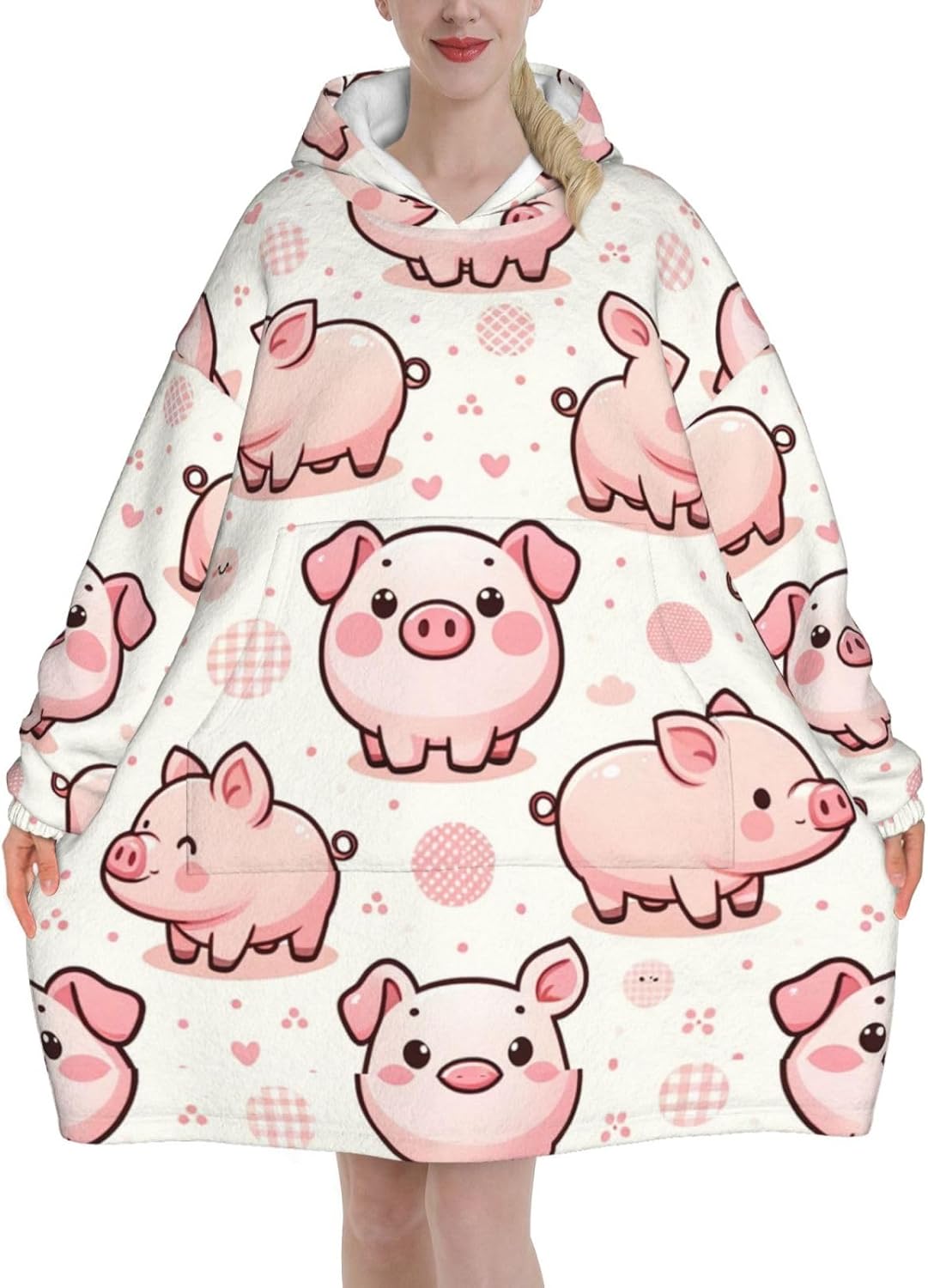 Oversized Flannel Wearable Blanket Hoodie For Adult Pink-Pig-Joy Soft Fuzzy Hooded Lounging Pullover