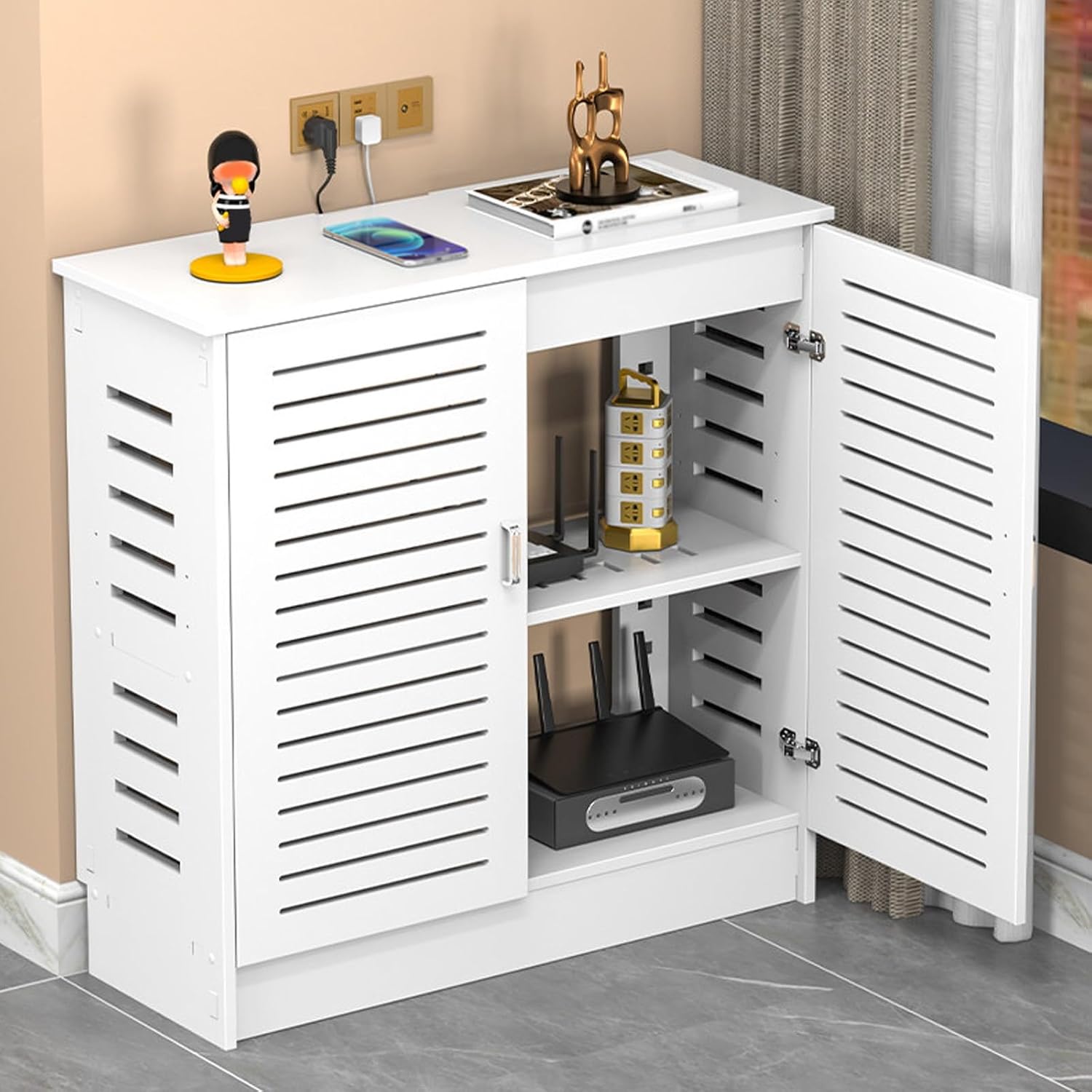 HARELA WiFi Router Storage Cabinet Hidden Box, Home Media Storage Cabinet, Media Enclosure for Modem, Switch, and Cable Box, Living Room TV Console Organizer(White A,70x70x30cm)