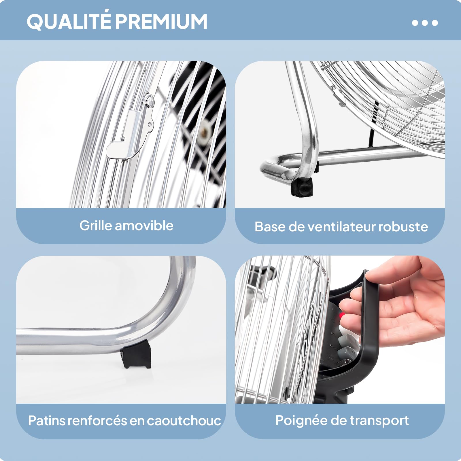 ROVSUN Ventilateur de Sol 30cm, 60W, Ventilateur Industriel en Métal Robuste, 3 Vitesses, Grille Amovible, Poignée Transport, 90-180° Réglable, pour Salon, Garage, Sous-sol, Atelier, Argenté