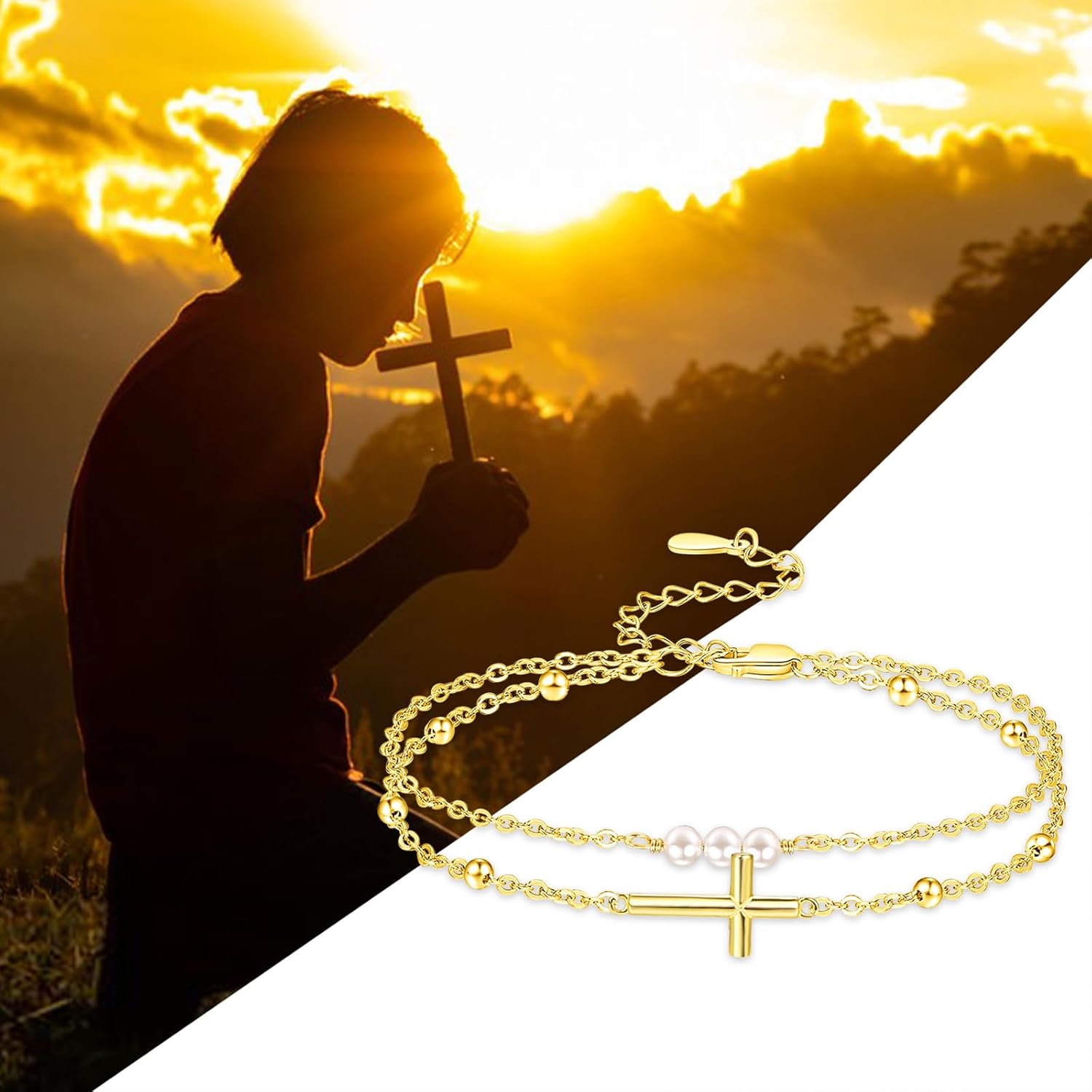 Palpitate Cross Anklet for Women Pearl Cross Ankle Bracelets 14K Gold Plated Adjustable Layered Foot Bead Chain for Women Beach Jewelry Christmas Gifts - Image 7