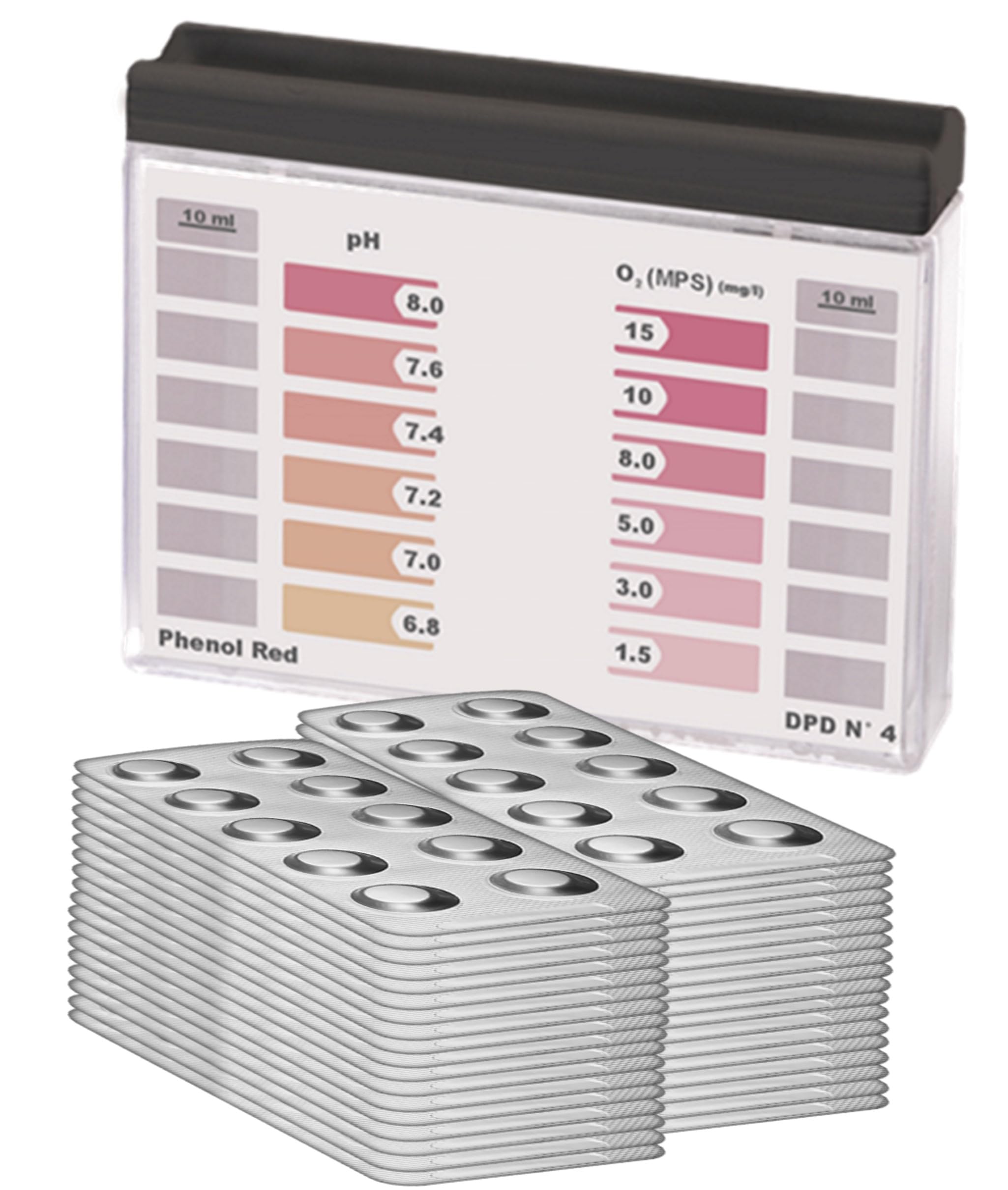 Testeur d'eau Rapid Méthode pH et oxygène actif, avec 400 pastilles de mesure, 200 pastilles Phenol Red et 200 pastilles DPD4, affichage de 12 valeurs différentes