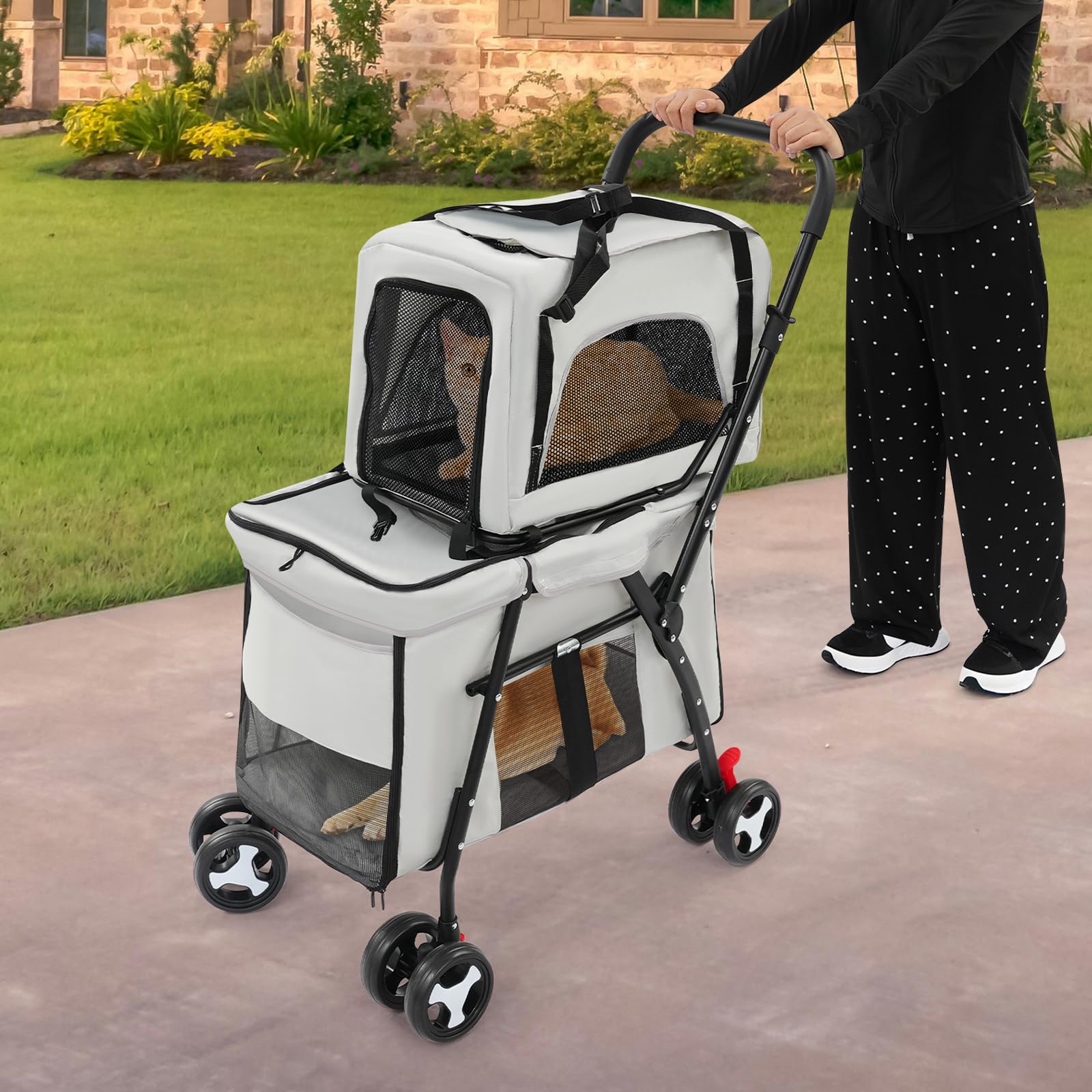 Passeggino doppio per cani, per animali domestici fino a 22 kg, pieghevole, a 2 piani, con finestre a rete e tasche, passeggino per gatti a 2 piani con 4 ruote resistenti all'usura, trasportino per