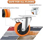 4 Inch Swivel Caster Wheels, Set of 4 Heavy Duty Load 2000lb, Orange Polyurethane Casters with Brake, No Floor Marks Locking Castor Wheels for Cart Furniture Workbench (with Hardware Kits)