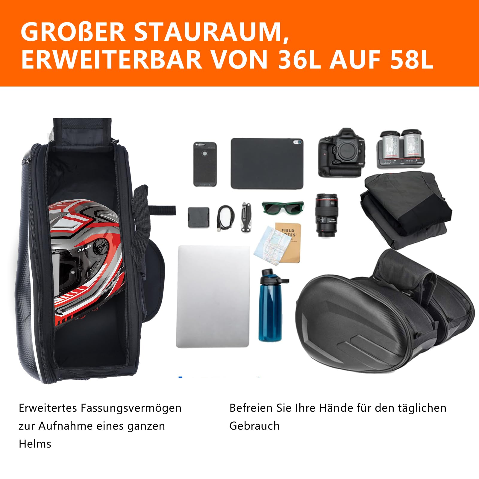Borse da moto 36L-58L espandibili per moto, borsa laterale impermeabile per casco integrale wit impermeabile, custodia universale per moto