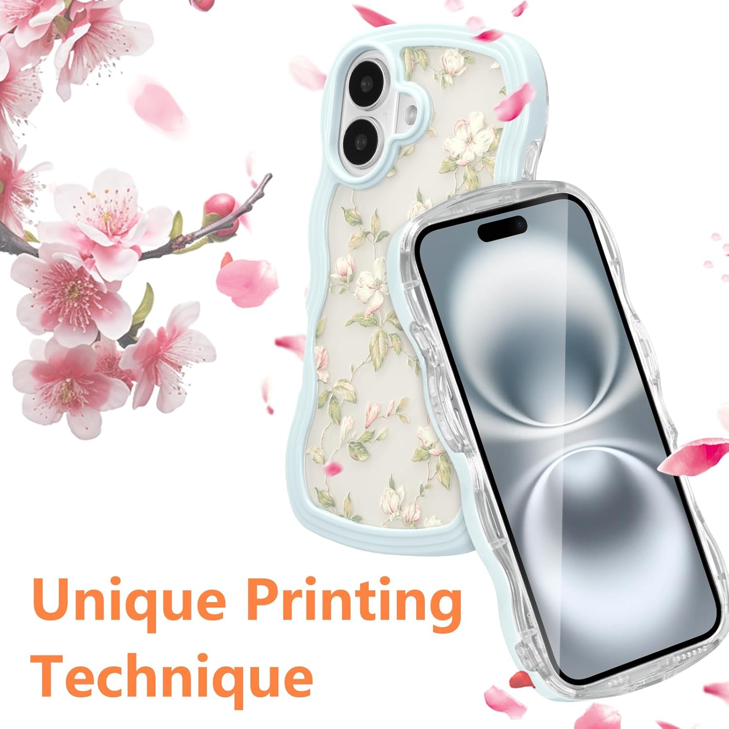 ZTOFERA Floral Case for iPhone 16 6.1 inch,Cute Curly Wave Frame Shape Case with Green Leaf Flower Pattern for Women Girls, Clear Slim Shockproof Phone Cover for iPhone 16, Green - Image 2