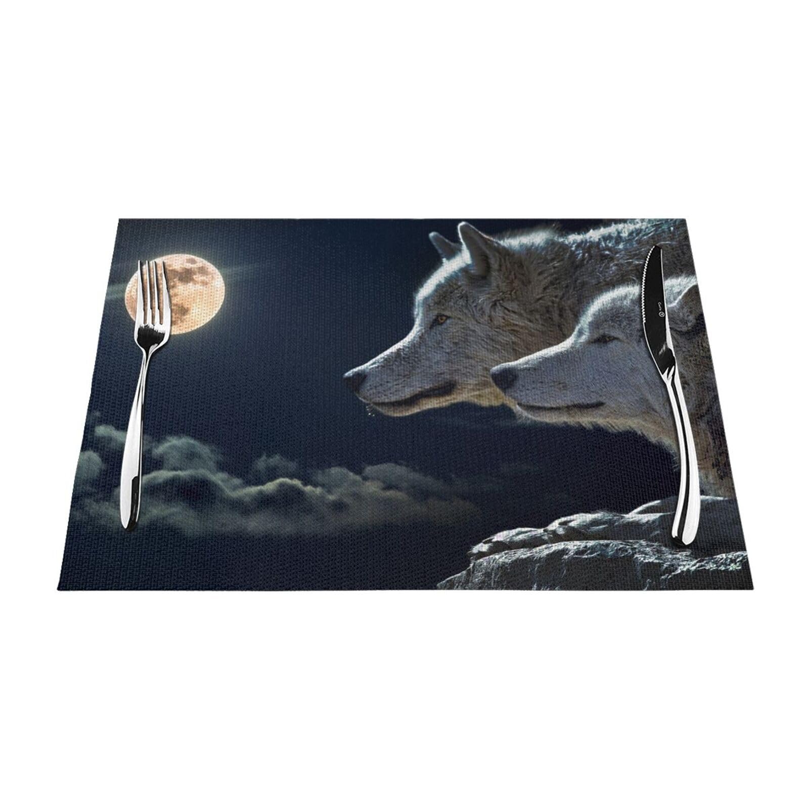 PVC Placemat Set of 1 PCS, 45x30 CM, Full-Moon Wolves 3D Printed Non-Slip Heat Resistant Place Mats for Kitchen Dining Table Indoor Outdoor