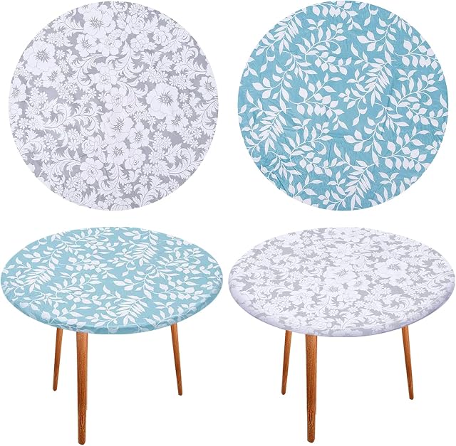 SoZone 2PCS Round Tablecloth Fitted Elastic Flannel Table Cover Waterproof PVC Table Cloth for Kitchen Patio and Dining Room