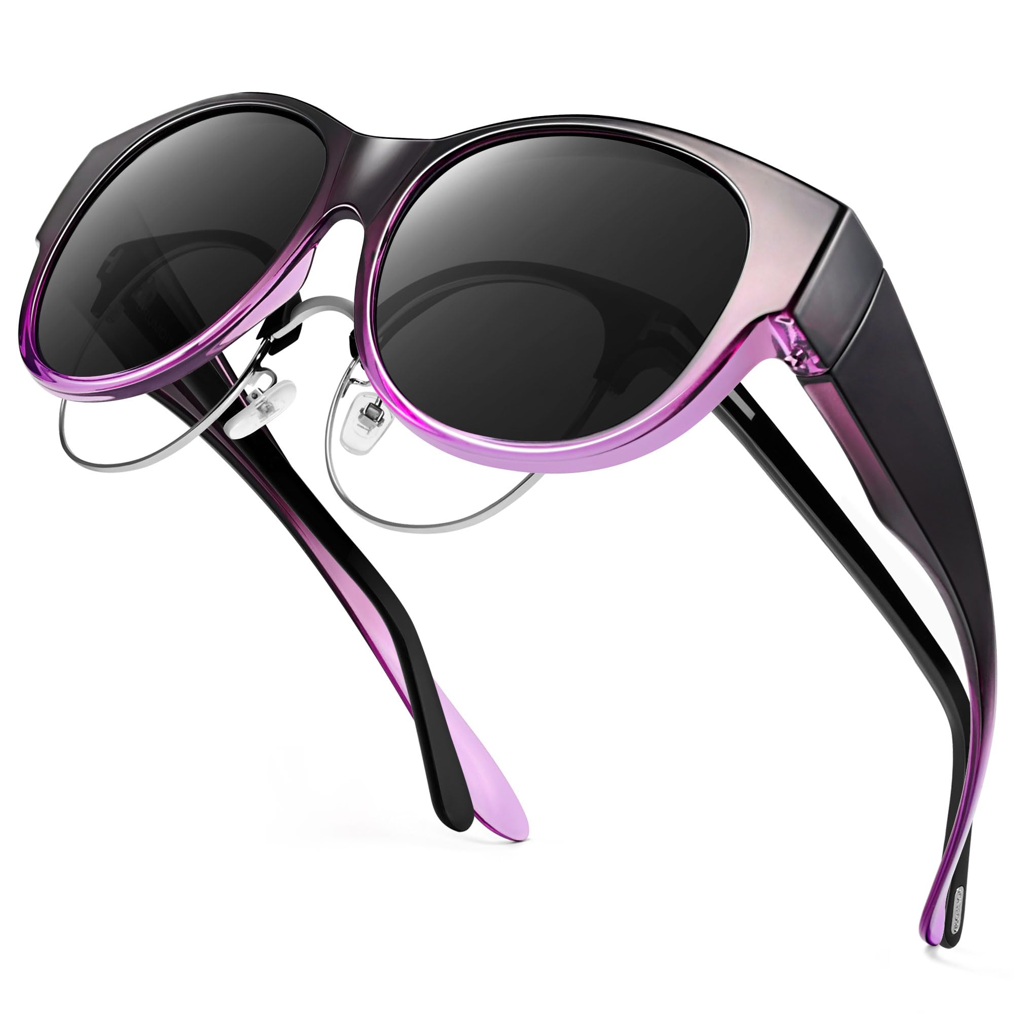 URUMQI Überzieh Sonnenbrille für Brillenträger Damen UV400 Schutz Blendschutz Polarisierte Sonnenbrille Fit over Brille Ultra Leicht Rundes Katzenauge Lila Rahmen