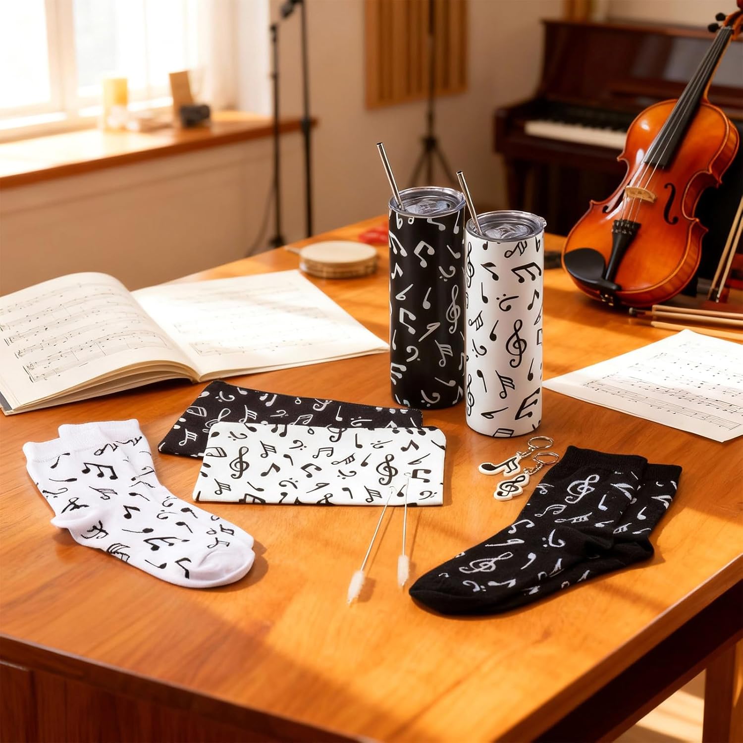 Gejoy 8 Pcs Music Lover Gifts Music Teacher Student Appreciation Gifts Set, Include 2 Musical Note Makeup Bag Musical Theme Long Socks 20 oz Tumbler Cup and Keychain Bulk Present for Women Men - Image 6