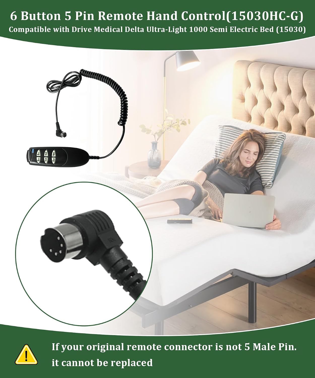 6 Button 5 Pin Remote Hand Control Compatible with Drive Medical Delta Ultra-Light 1000 Semi Electric Hospital Bed (15030),Replaces 15030HC-G Hand Control Pendant