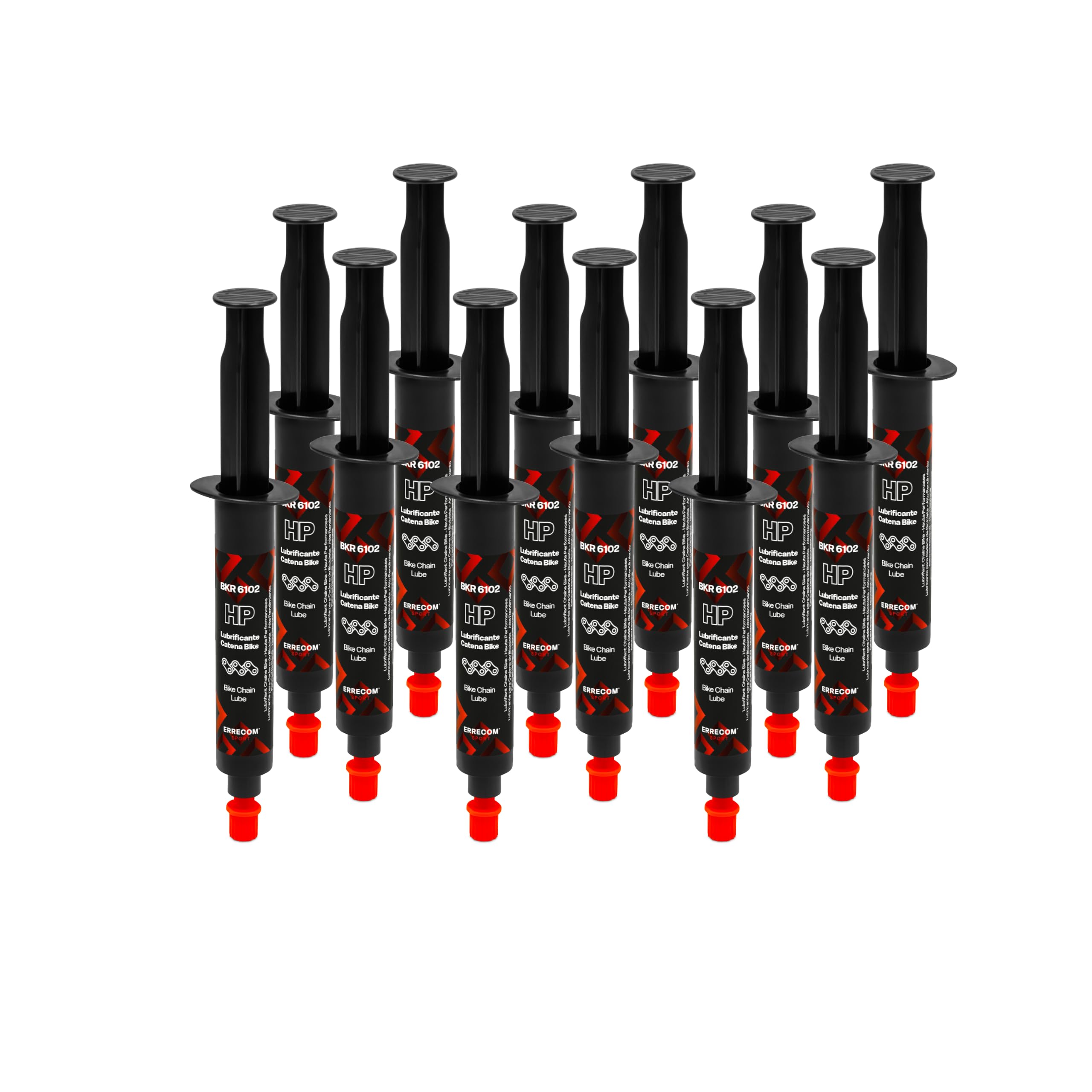 Errecom BKR 6102 HIGH PERFORMANCE Fahrradkette Schmiermittel für professionelle Leistung -144ml(12x12ml), jede Straßenbedingung, fluoreszierende Formel, Spritzen+Drop u. Huggie System Applikatoren