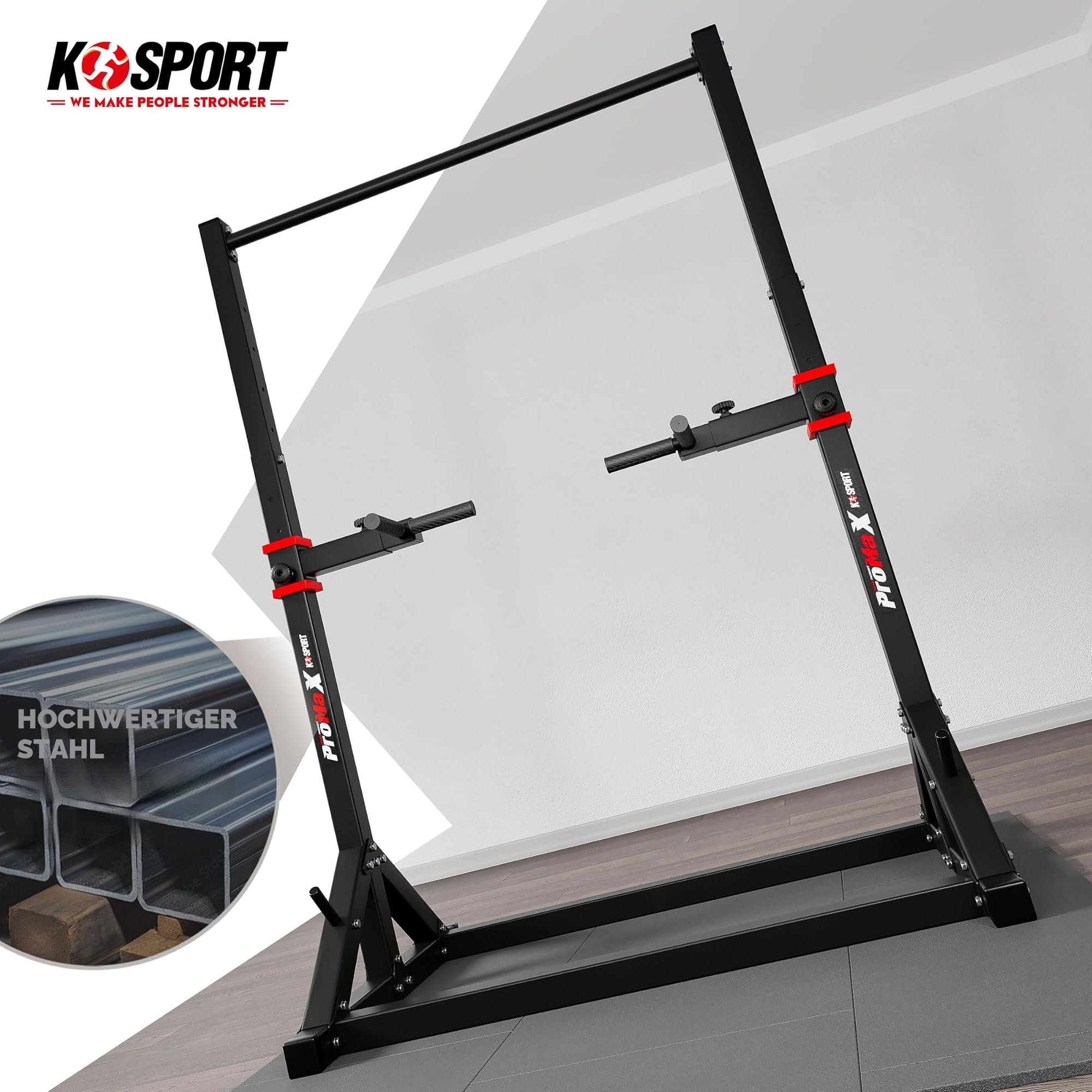 K-Sport: Stationäre Klimmzugstange + Dip Station bis 140kg belastbar, mit Pull-Up Bar & Halterung für Gewichte I Klimmzugturm für Muskeltraining, inkl. E-Book