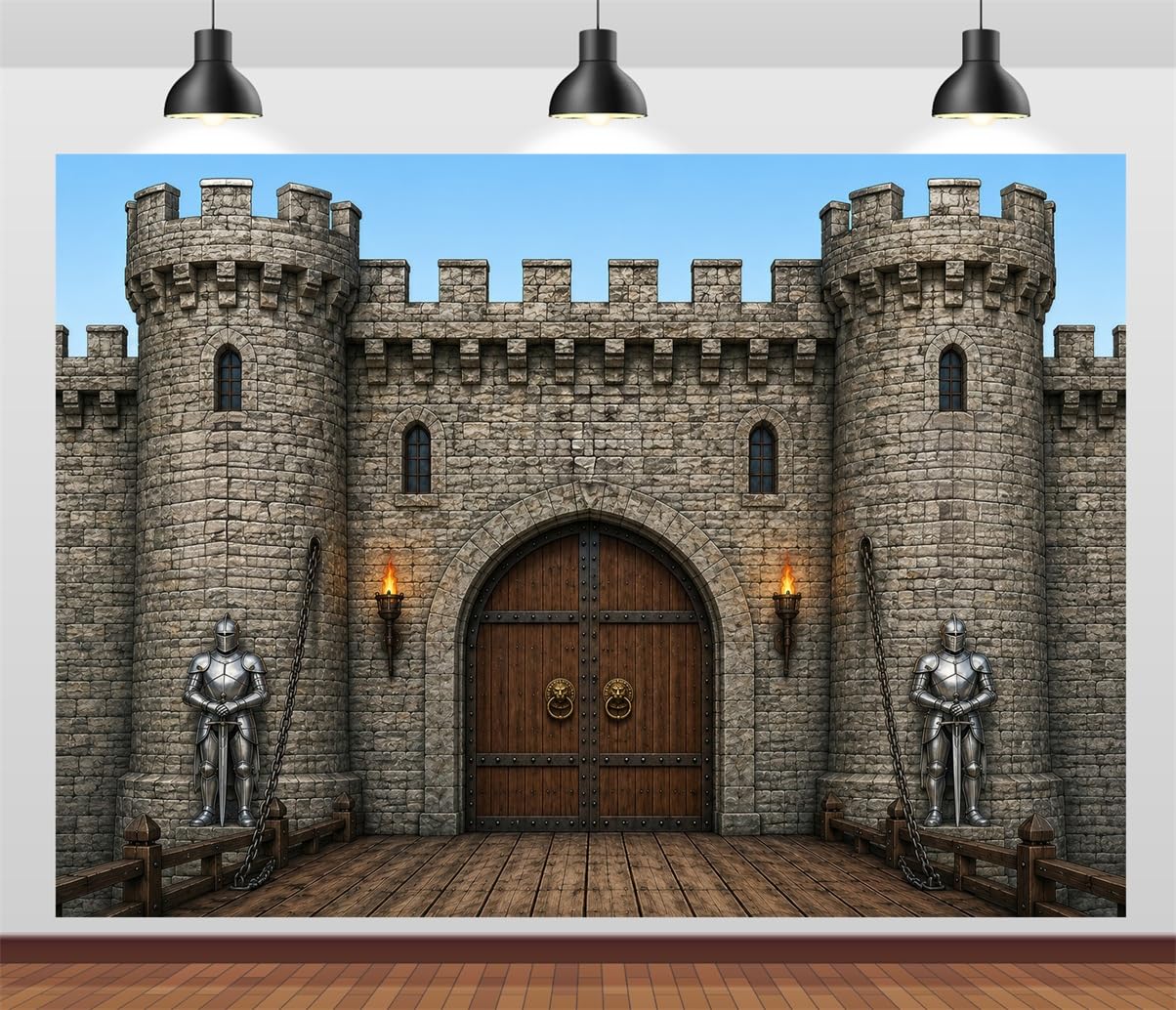 BELECO 3.6x2.5m Sfondo in tessuto Ponte Levatoio Castello Medievale | Castello In Pietra Vintage Sculture Cavalieri Torce Murali Sfondo Festa Medievale Telo Di Sfondo