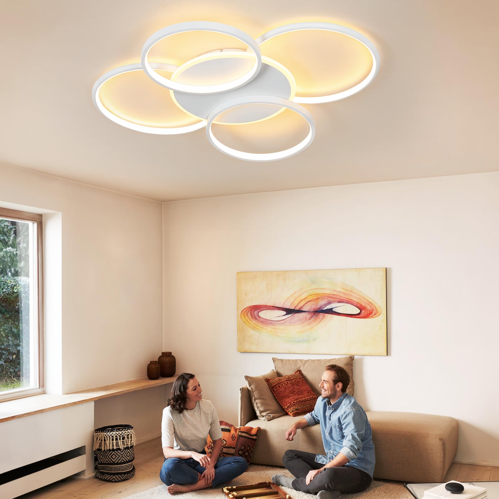 GBLY Deckenlampe LED Deckenleuchte Wohnzimmer: Wohnzimmerlampe Dimmbar 70W | mit Fernbedienung 5-Ringen Weiß Schlafzimmerlampe Modern Acryl Deckenbeleuchtung für Büro Schlafzimmer Esszimmer