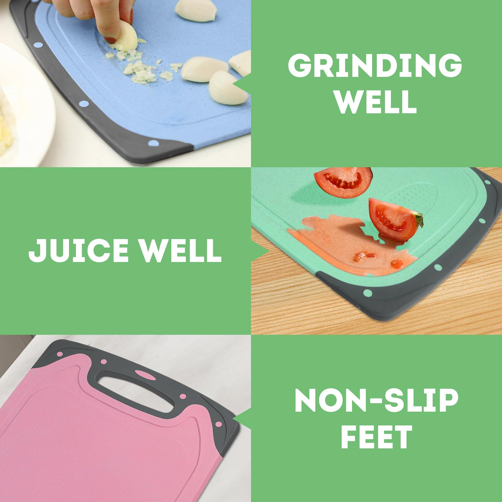 Tagliere in Plastica, Set di 3 Taglieri Cucina Professionale, senza BPA, con Scanalatura del Succo e Manico, Tagliere da Cucina Antiscivolo Facile da Pulire e Antibatterico per Verdure, Frutta,Carne