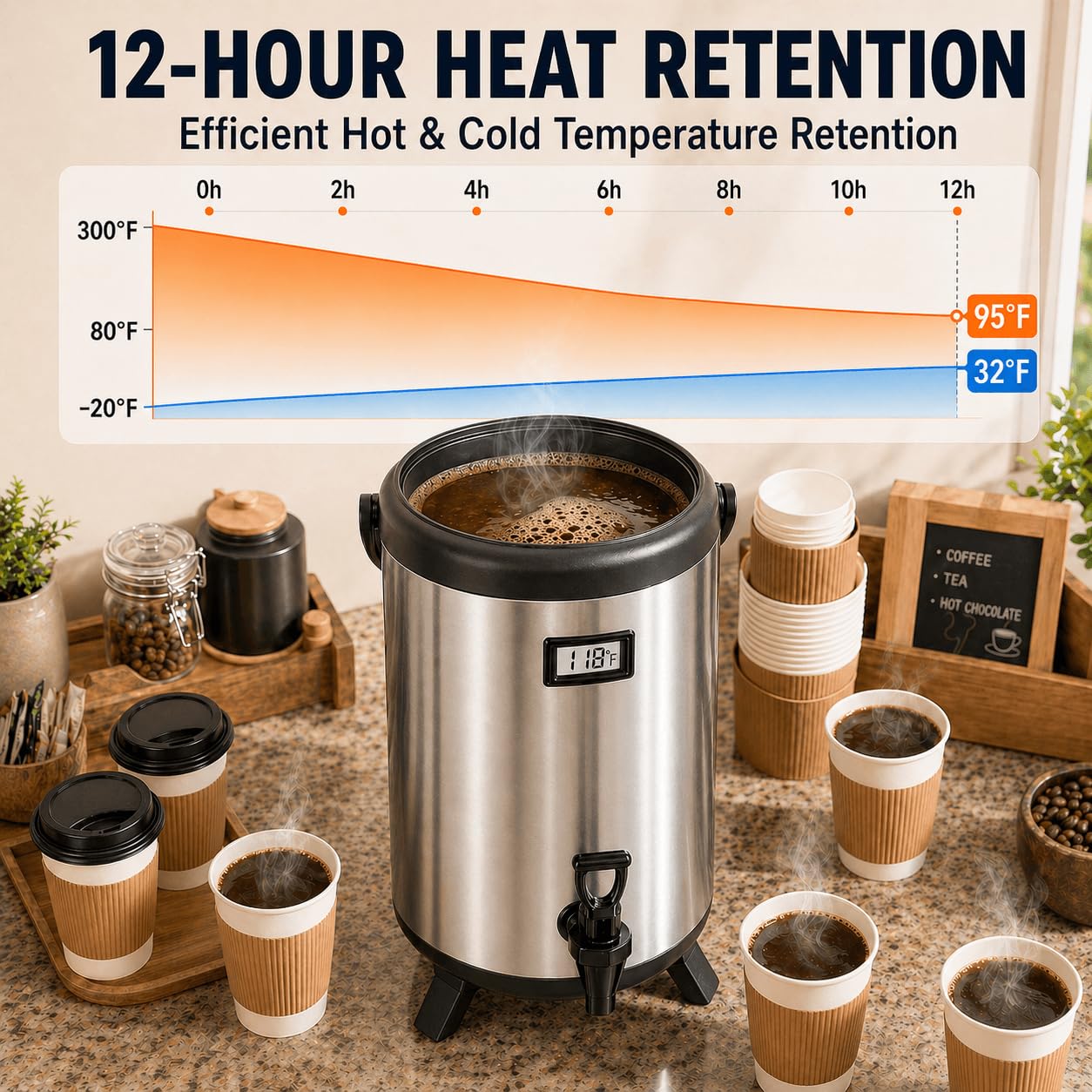 Dispensador de bebidas aislado de 3.2 galones, servidor térmico de café y bebidas de 12 litros con espiga, recipiente de bebidas frías y calientes no eléctrico para jugo, té, leche o chocolate