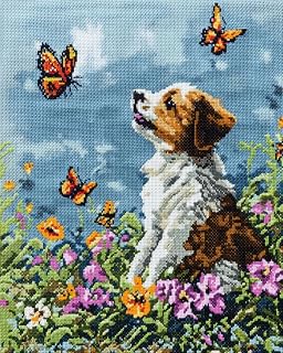 Beginners Stamped Cross Stitch Kits,DIY Needlepoint Kits for Adults,Garden,Dogs and Butterflies,Range of Embroidery Patterns Starter Kit for Women,DIY 11CT Printed crossstitching,40x50cm