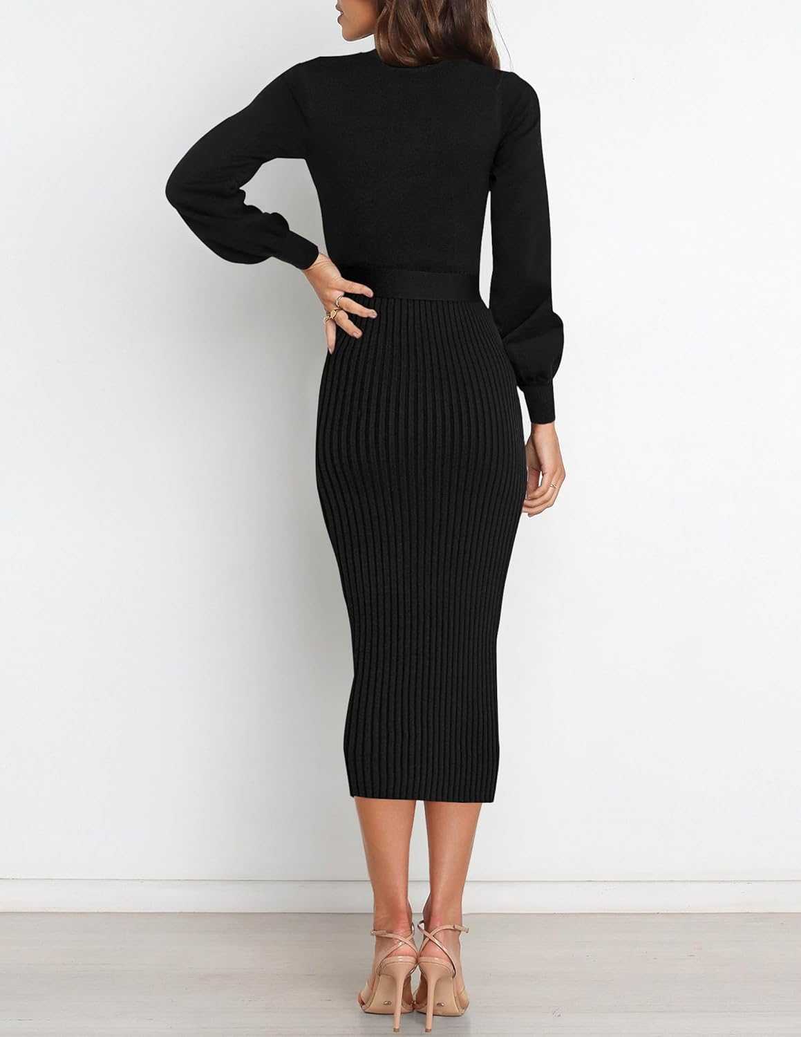 HAEOF Womens 2026 Fall Midi Sweater Dress Winter Puff Long Sleeve Bodycon Ribbed Knit Trendy Business Casual Work Dresses - Image 4