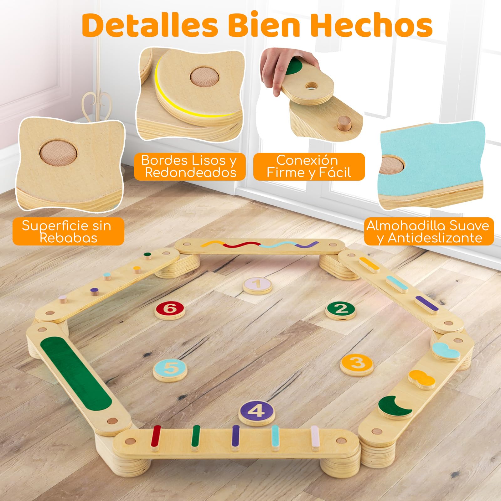 COSTWAY Barra de Equilibrio de Madera Montessori con Piedras, Juguetes de Equilibrio para Interiores