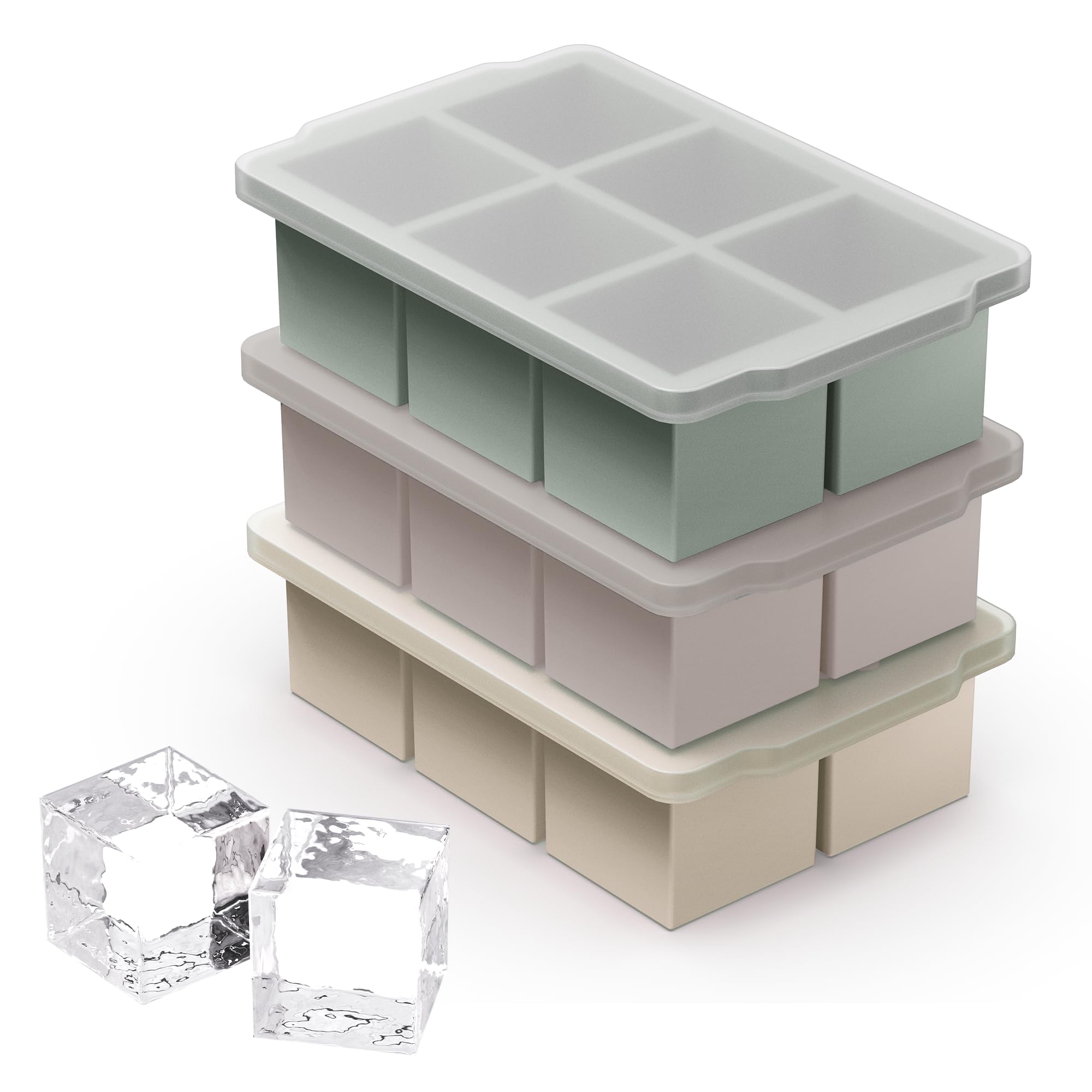 VLM 3 Packs Large Ice Cube Molds with Stackable Lid,Silicone Ice Cube Tray for Freezer,Big Square Ice Tray for Whiskey,Cocktails,Bourbon and Soups (Set 2)