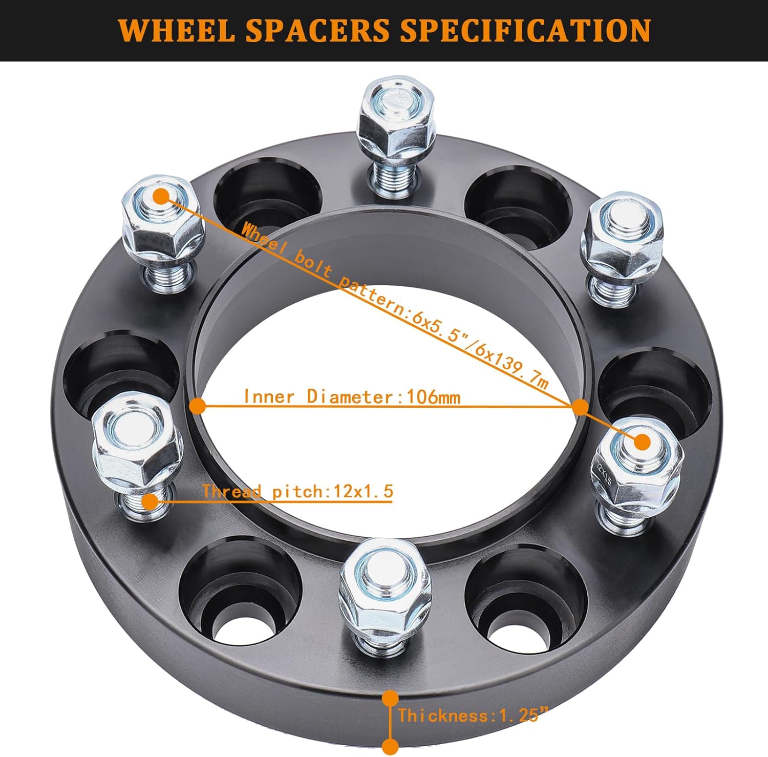 1.25 in 6x5.5'' Hubcentric Wheel Spacers 6x139.7mm Spacers Adapter (106mm Hub Bore, M12x1.5) for Toyota 95-19 Tacoma, 89-20 4-Runner, 01-07 Sequoia,07-14 FJ Cruiser, 00-06 Tundra 4pcs