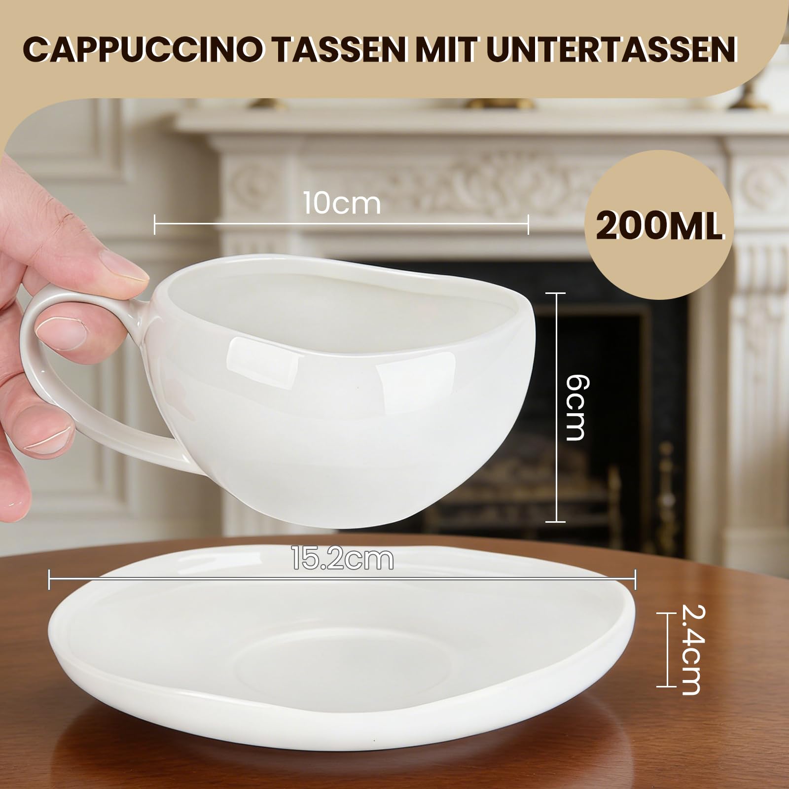 Filiżanki do cappuccino, filiżanki do kawy 200 ml, ze spodkami, serwis do kawy 6 osób, zestaw filiżanek do cappuccino, filiżanki do kawy dla miłośników kawy, cappuccino, latte, Americano i herbaty