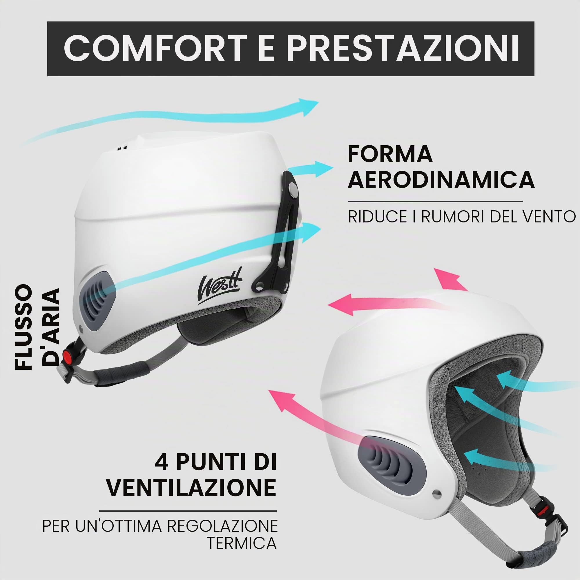 Westt Casco sci unisex uomo e donna, casco snowboard freeride e sci alpinismo, leggero, traspirante e ventilato, bianco, taglia unica 56-58 cm