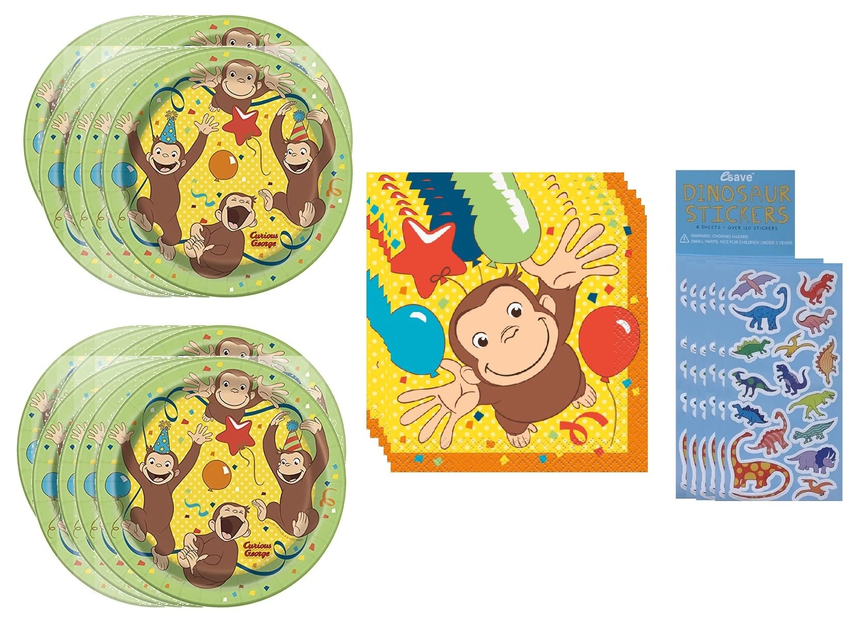 Unique Curious George Party Supplies Bundle Pack for 16 includes 16 Dessert Plates, 16 Napkins, 8 Dinosaur Sticker Sheets