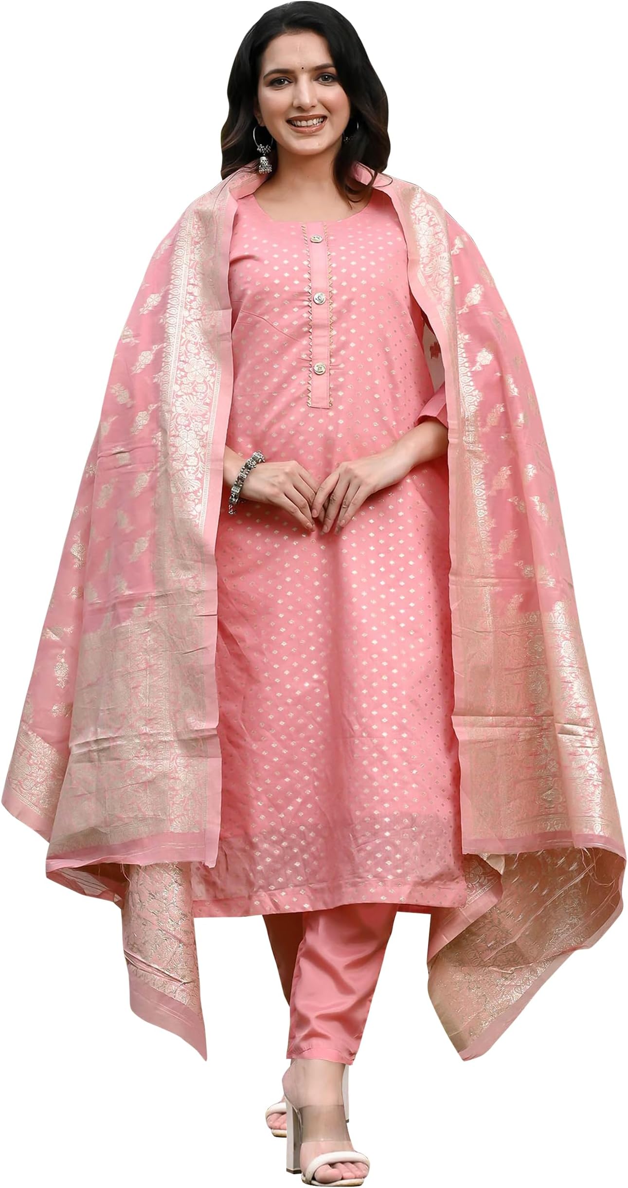 PeachmodePink Woven Design Banarasi Silk Kurta Set