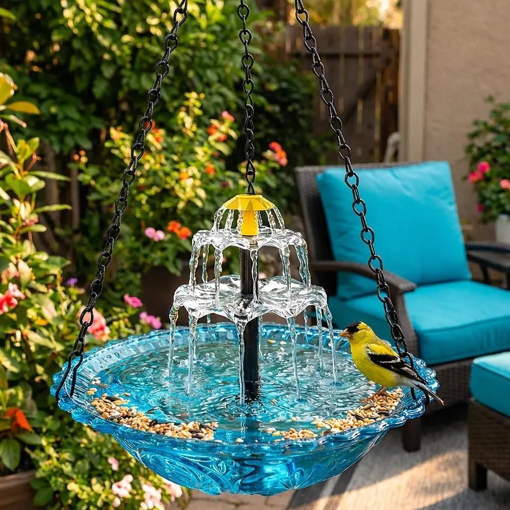 Solar Cascade Hanging Bird Bath Fountain, Hummingbird Water Fountain, Hanging Birds Bath with Solars Pump & Glass Bowl for Outdoor Gardens Backyard Patio Lawn Decorative Gifts(Blue)