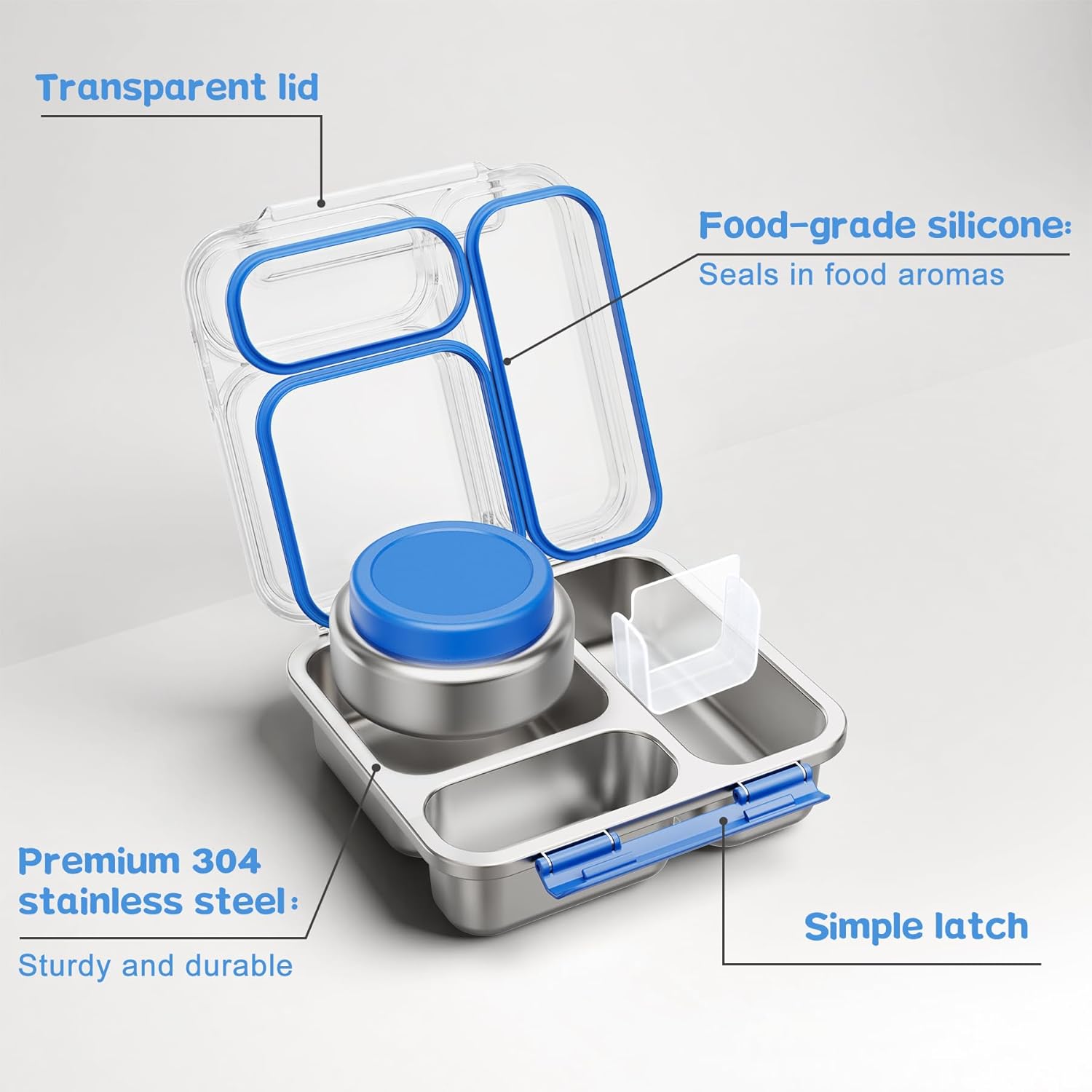 Stainless Steel Bento Box Kids Adult with 7oz Insulated Food Jar, Transparent Lid Metal Lunch Box With Soup Thermal Jar, Lunch Box Container with Removable Divider & Sauce Cup School (Blue) - Image 2