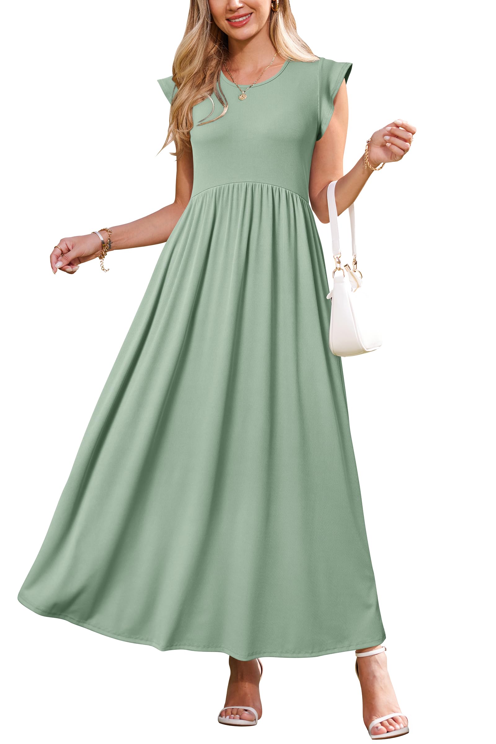 Women's Maternity Dress Ruffle Sleeve Patchwork Casual Summer Flowy Maxi Dresses with Pockets