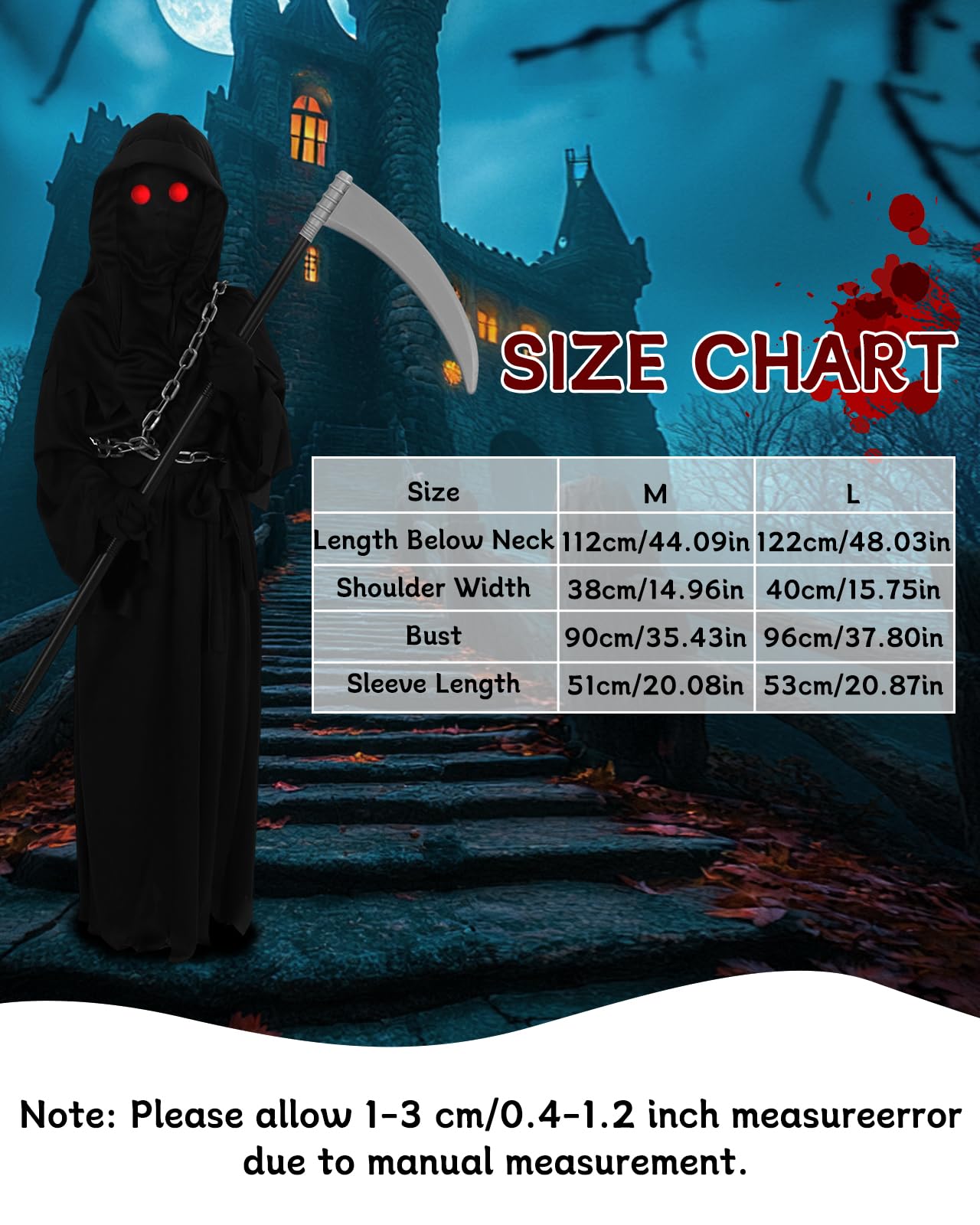 ARDFFA Grim Reaper Costume 7PCS Set, Halloween Reaper Outfit Set including Glasses, Robe, Scythe, Belt, Gloves - Image 2