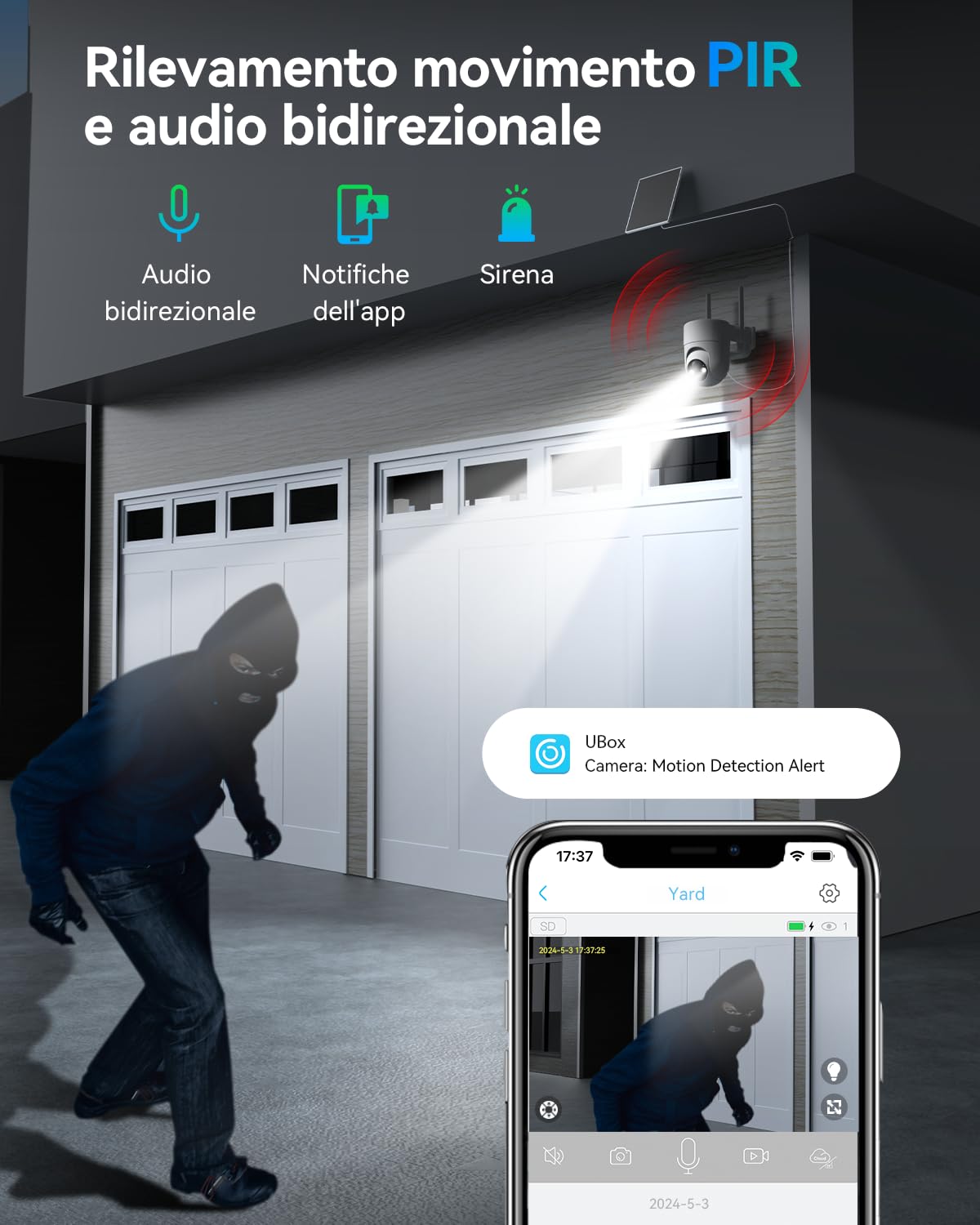 SEHMUA Telecamera Wi-Fi Esterno Senza Fili con Pannello Solare, 2K 360° PTZ | Videocamera Sorveglianza Esterno a Batteria, Visione Notturna A Colori, Rilevamento PIR, Audio Bidirezionale, IP66, 2 Pezzi