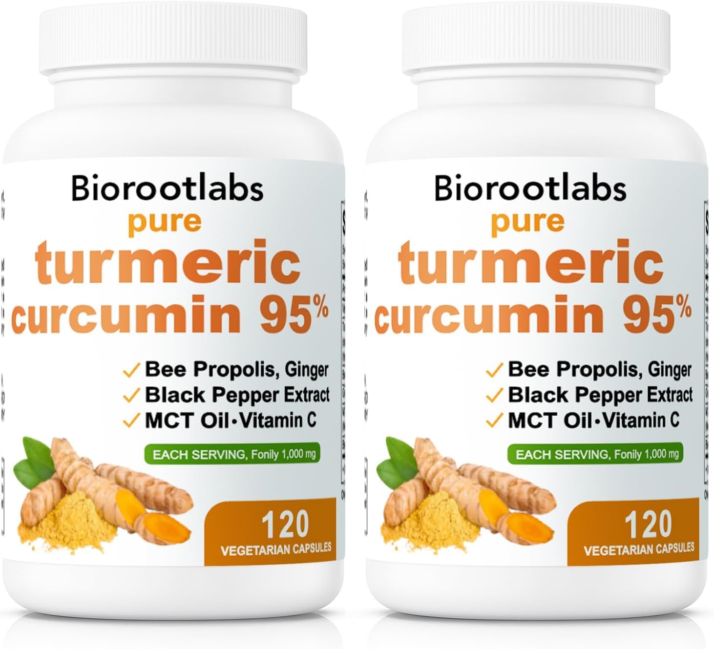 Biorootlabs Turmeric Curcumin Supplement 1000mg, Biorootlabs Pure Turmeric Curcumin 95, 6-in-1 Turmeric Curcumin Capsules with Bee Propolis, Ginger, Mct Oil, Fat Soluble Vitamin C & Black Pepper (2)
