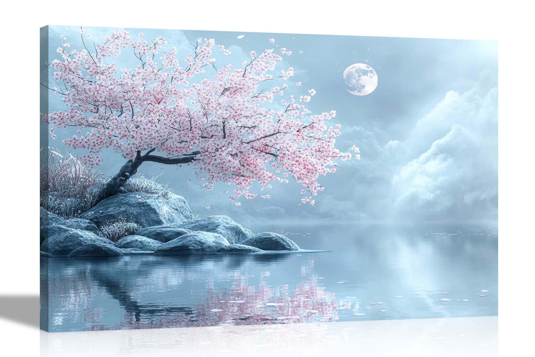 Artley Prints Winter Blossom Tree Lake - Cloudy Full Moon Pink Tree Canvas Wall Art Pictures For Living Room Conservatory Hallway Décor Prints 51 X 35Cm (20 X 14 Inches)
