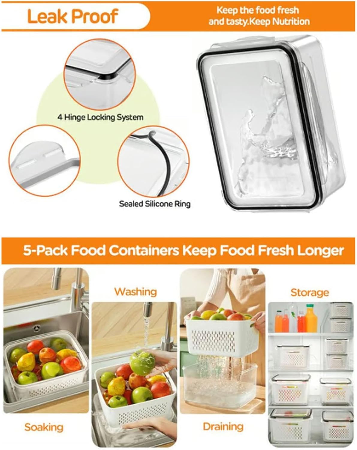 4 in 1 Food Storage Containers with Lids, Fruit and Vegetable Organizer for Fridge, Plastic Fruit Containers with Removable Colander, Household Transparent Plastic Food Storage Box (Blue, Mix)