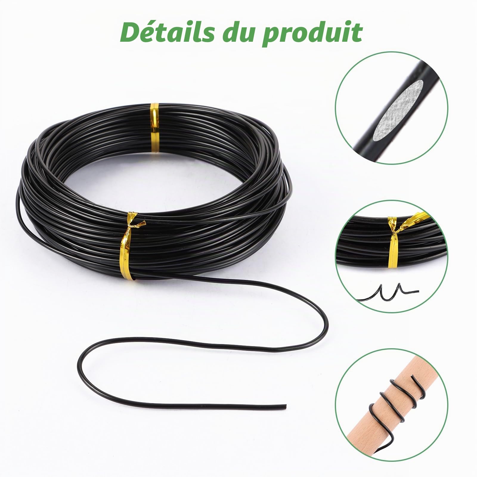 Fil Métallique pour l'Artisanat, 5 Tailles Fil aluminium (1 mm, 1,5 mm, 2,0 mm, 2,5 mm, 3,0 mm), Noir Fil de Fer, Fil de Bonsaï en Aluminium Anodisé pour Art Floral, Tissage (70 MèTres)