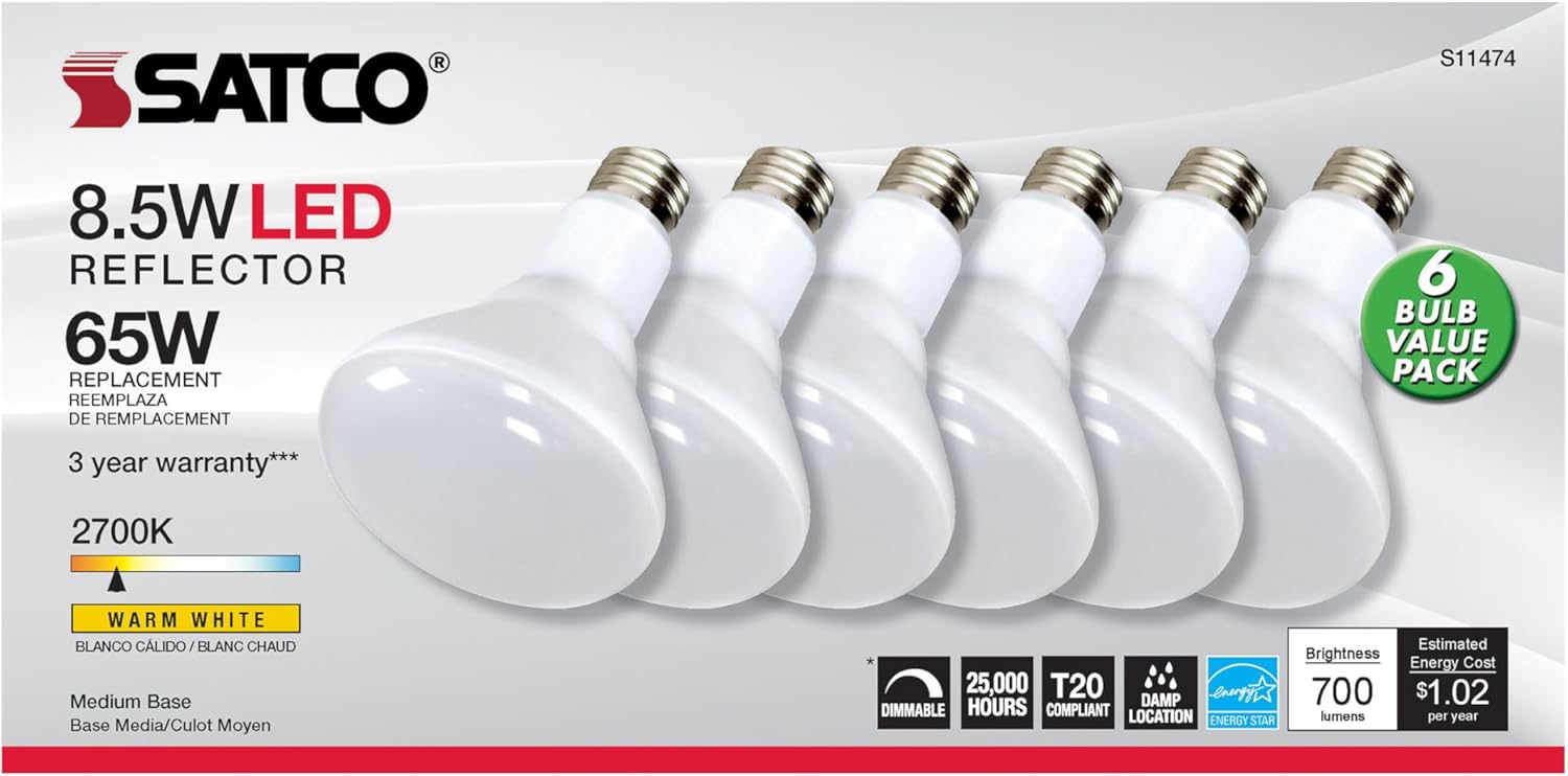 Satco S11474 LED BR30 Reflector Lamps, 65W Replacement, White, 8.5 Watts, 6 Pack
