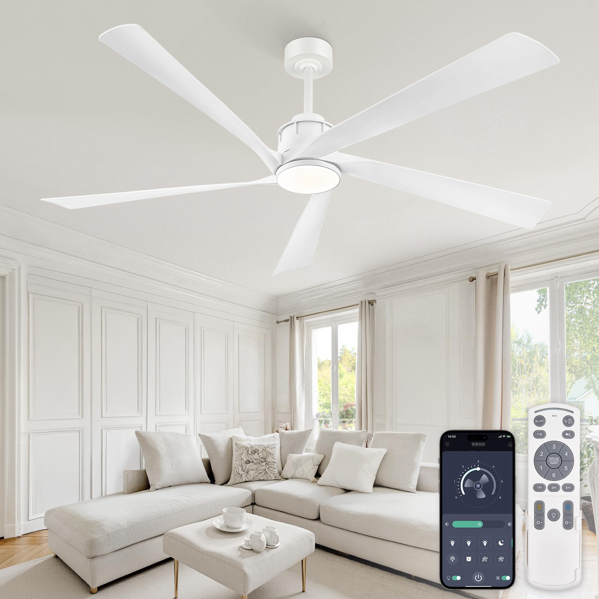 ZMISHIBO Ventilador de techo de 162.5 cm con luz LED regulable, motor DC reversible, silencioso, 5 aspas ABS, ventilador moderno blanco, con mando a distancia y aplicación, interior/exterior