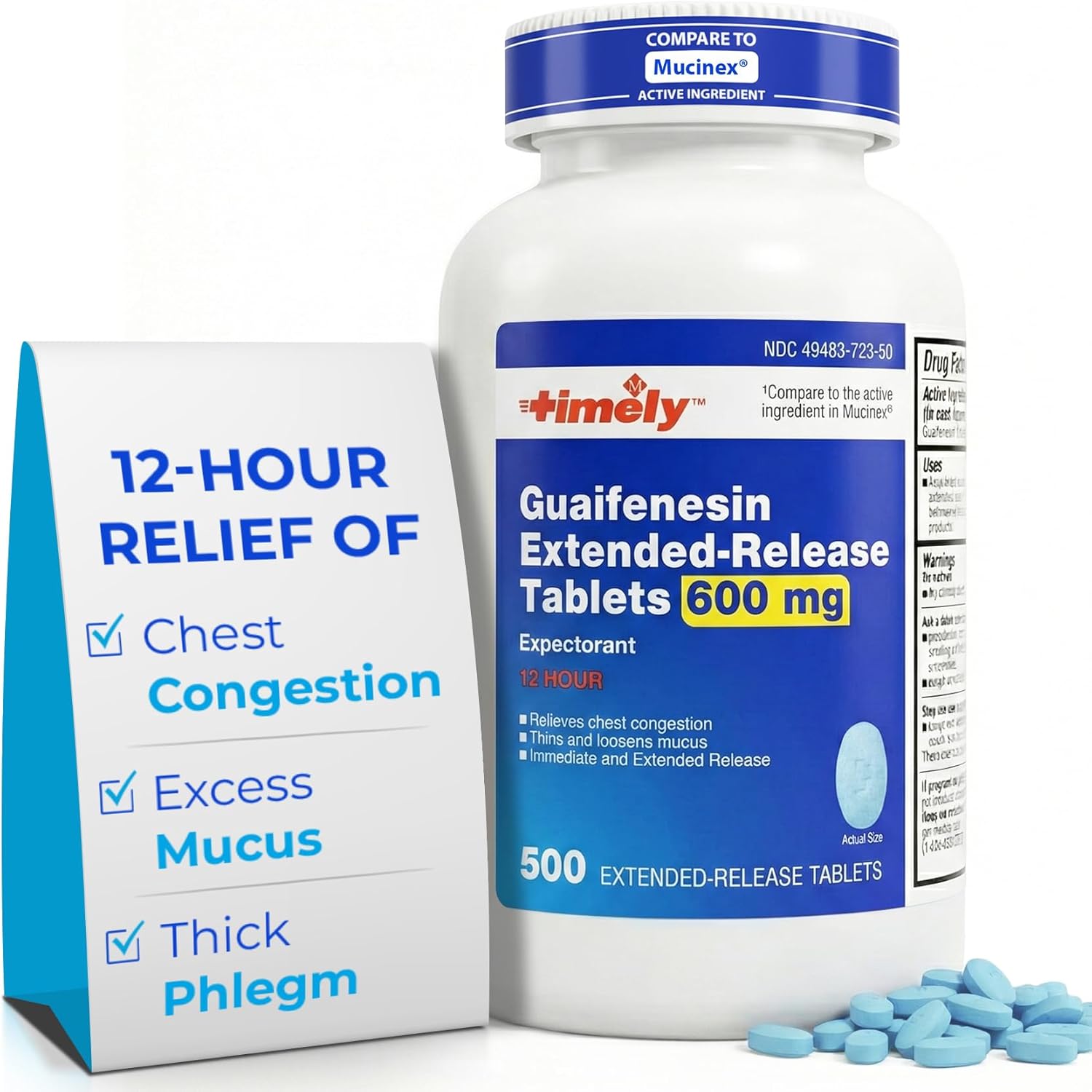 TIME-Cap Labs Guaifenesin 600mg Extended Release, Expectorant Mucus Relief & Chest Congestion Relief for Adults, 12 Hour Chest Congestion Support Tablets, 500 Count