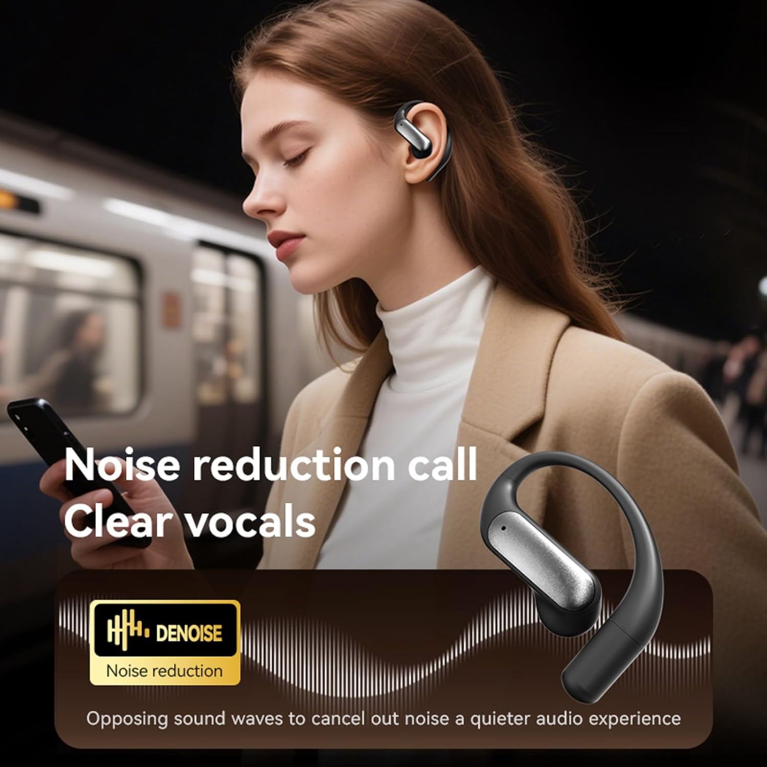 Woman using earbuds with noise reduction for clear calls