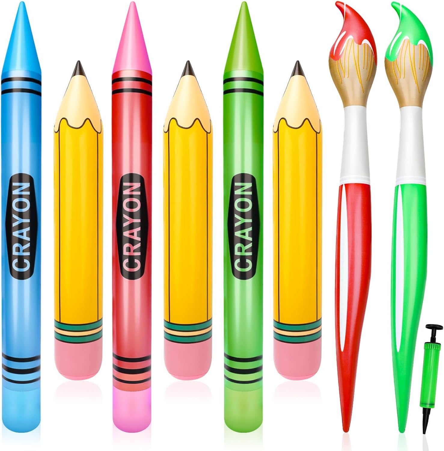SAYAYA 8 Pcs Large Inflatable Pencil Balloons Set Jumbo Inflatable Crayons Giant Paint Brush Balloons and Air Pump Back to School Hanging Decor for Classroom Garden Room Birthday Party Decorations