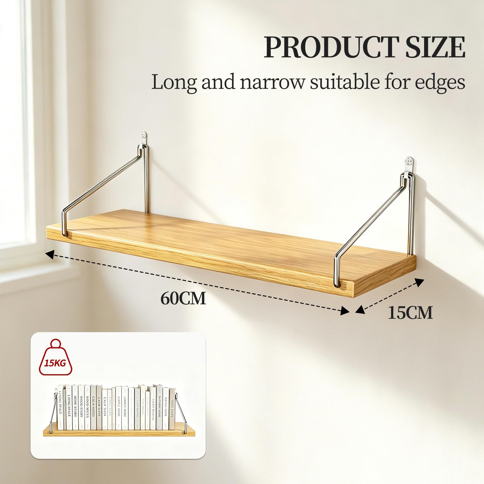 Étagères murales flottantes en bois rustique avec supports en acier inoxydable de 60 cm, étagère de rangement sans perçage pour salon, cuisine