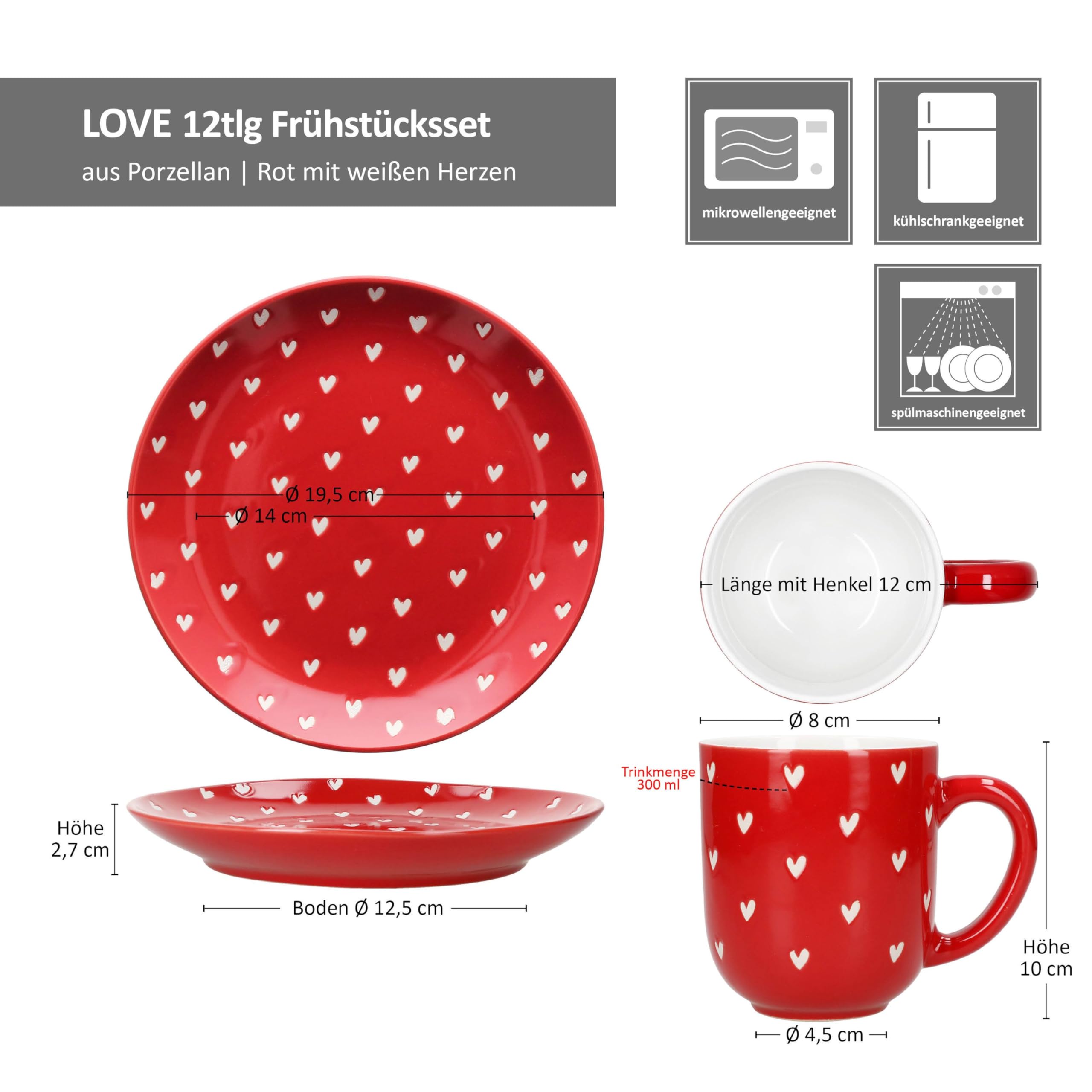MamboCat Love 12tlg Frühstücksset I 6x Kuchenteller Ø19,5cm & 6x Kaffeebecher 300ml I Porzellan Geschirr rot mit weißen matten Herzen I für Frühstück & Kaffeezeit