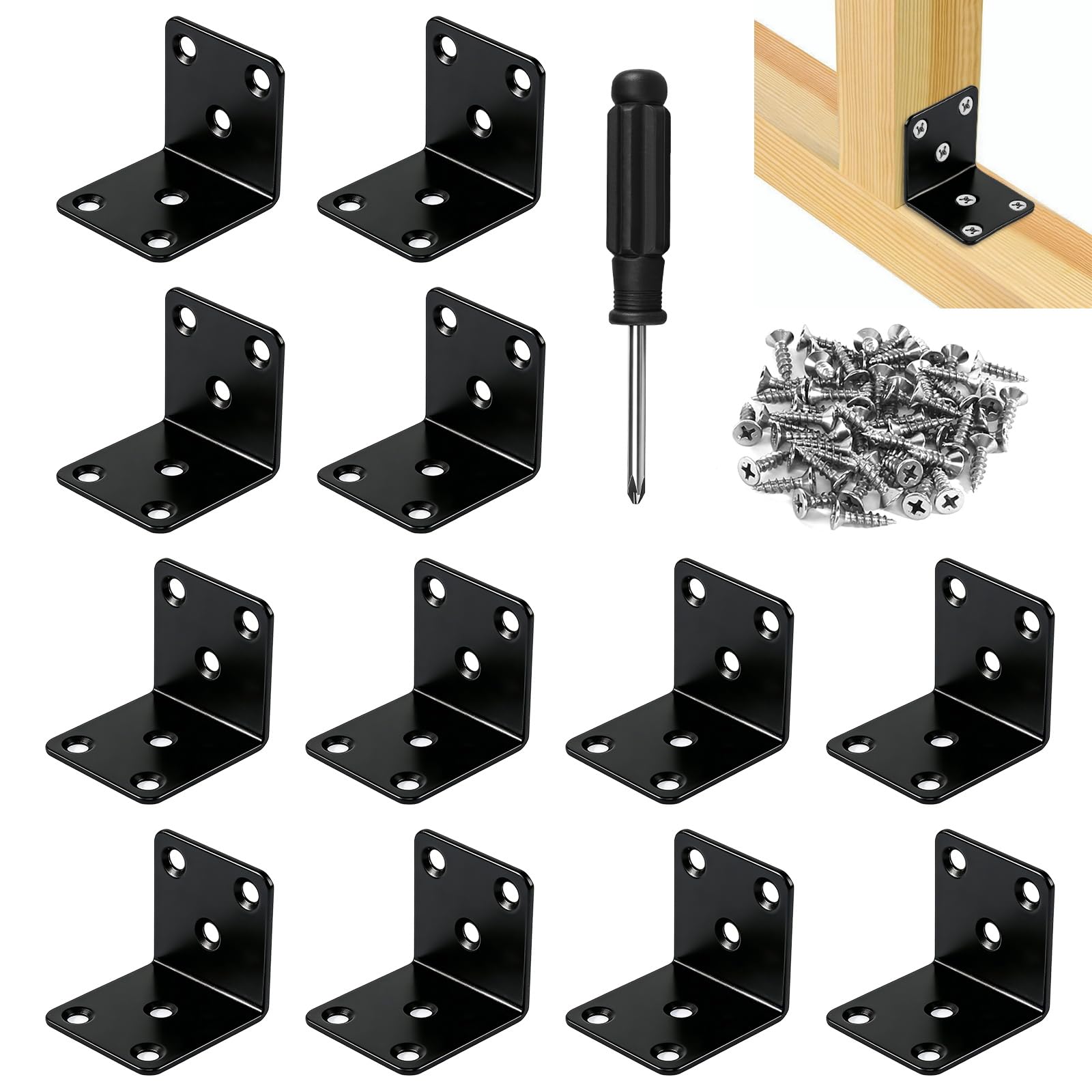 12 Pcs Metal Corner Brackets for Wood, L Bracket 40x40x2mm Metal Right Angle Corner Brackets, L Bracket for Wood Fixing Fence Furniture Timber oining Fixing Repair Connector Black