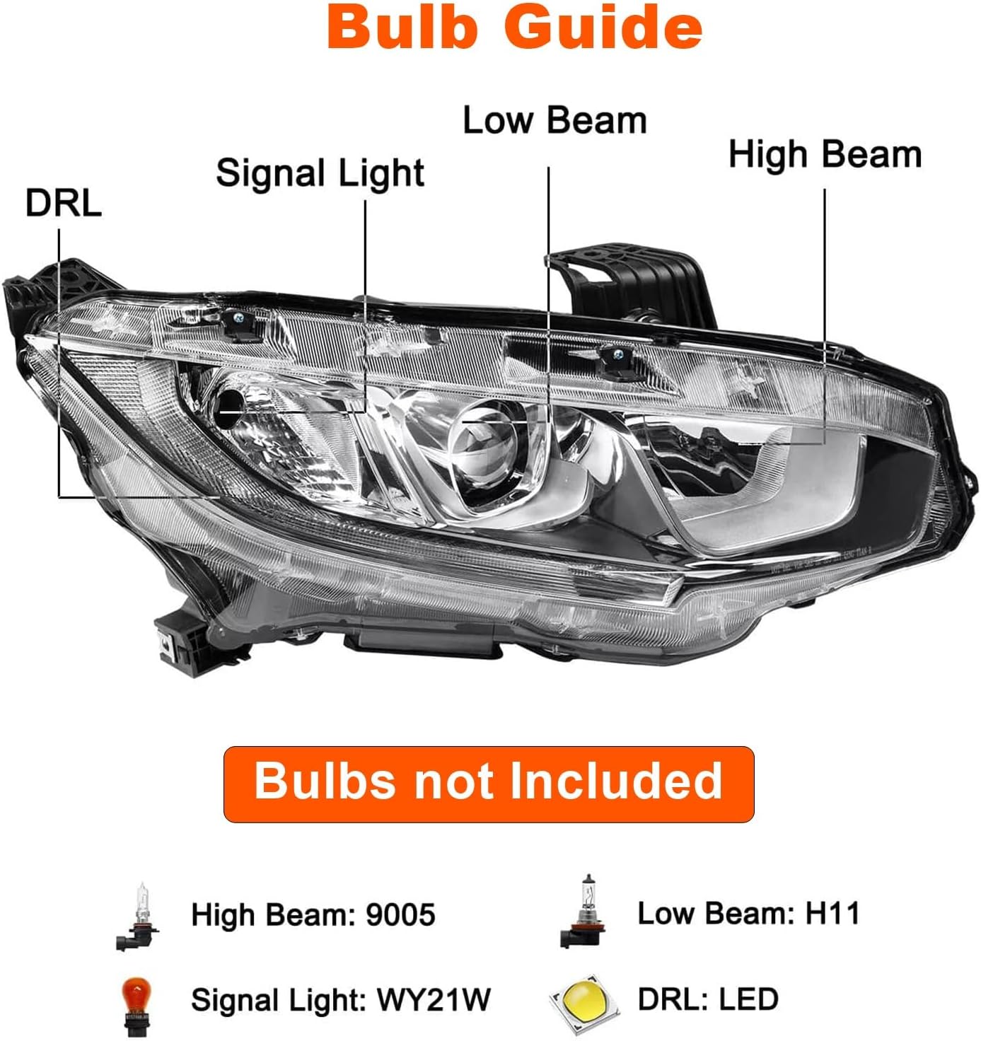Chrome Headlights Assembly w/LED DRL Compatible with 2016-2021 Honda Civic Halogen Headlamps Direct Replacement Driver Passenger Side 33150TBAA01, 33100TBAA01