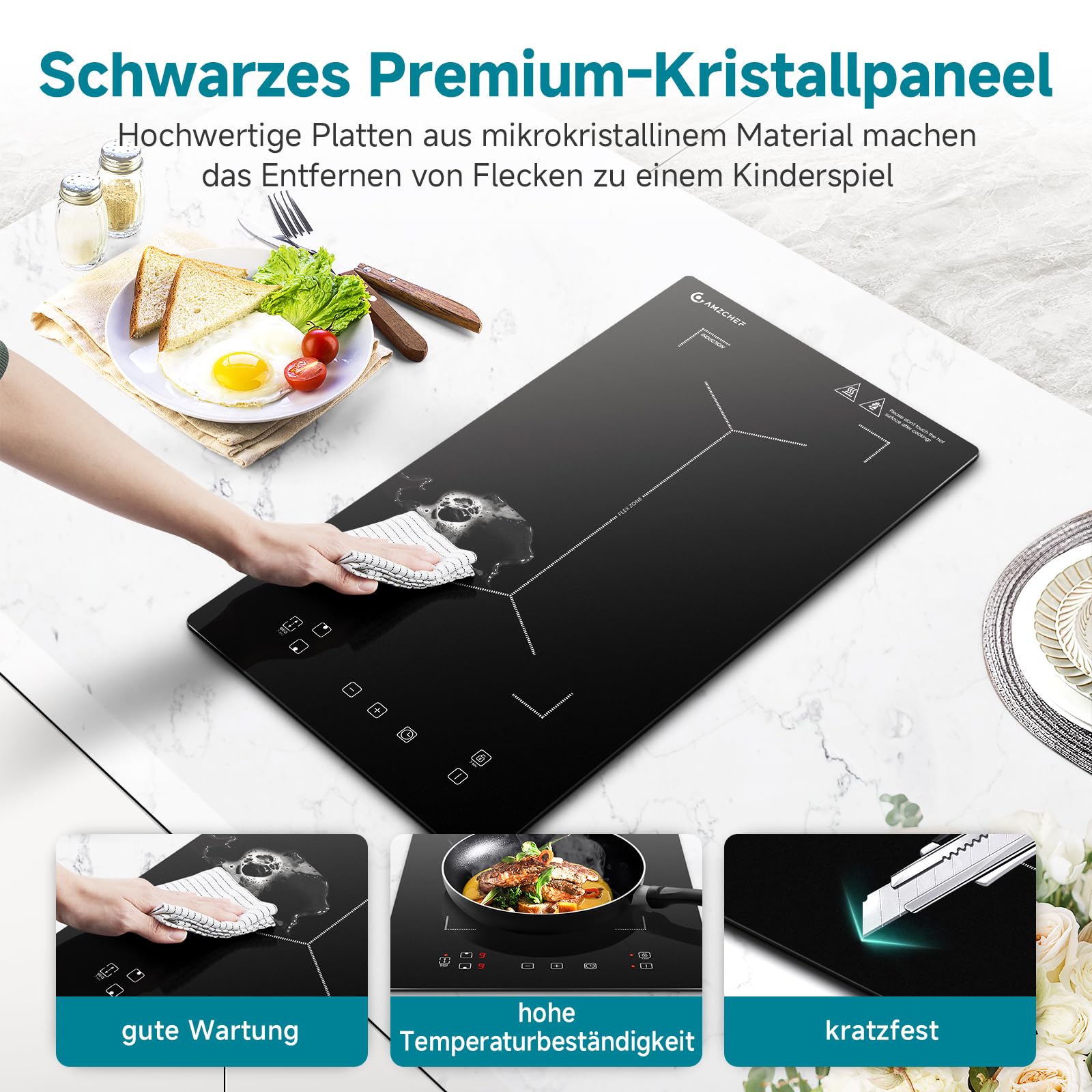 AMZCHEF Induktionskochfeld 2 Platten, Doppel Induktionskochplatte mit Flexzonen und Stecker, 10 Leistungsstufen, Sicherheitsschloss und Timer, Touch-Schieberegler,3300W,Schwarz