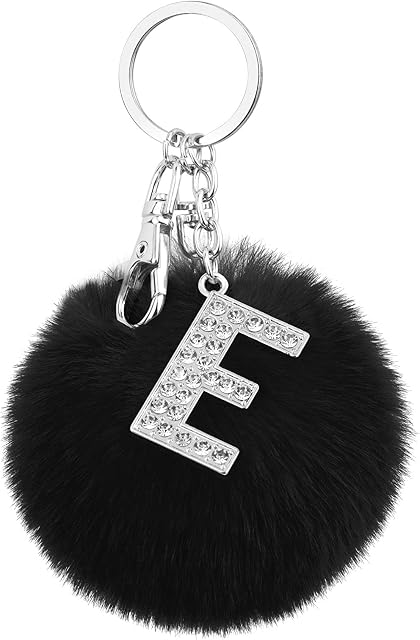Cartsclick Pom Pom Keyrings with E Letter Keychain  2 in 1 Fluffy Keyring with Crystal Initial Letter Keyring  Personalised Pom Poms Keychain